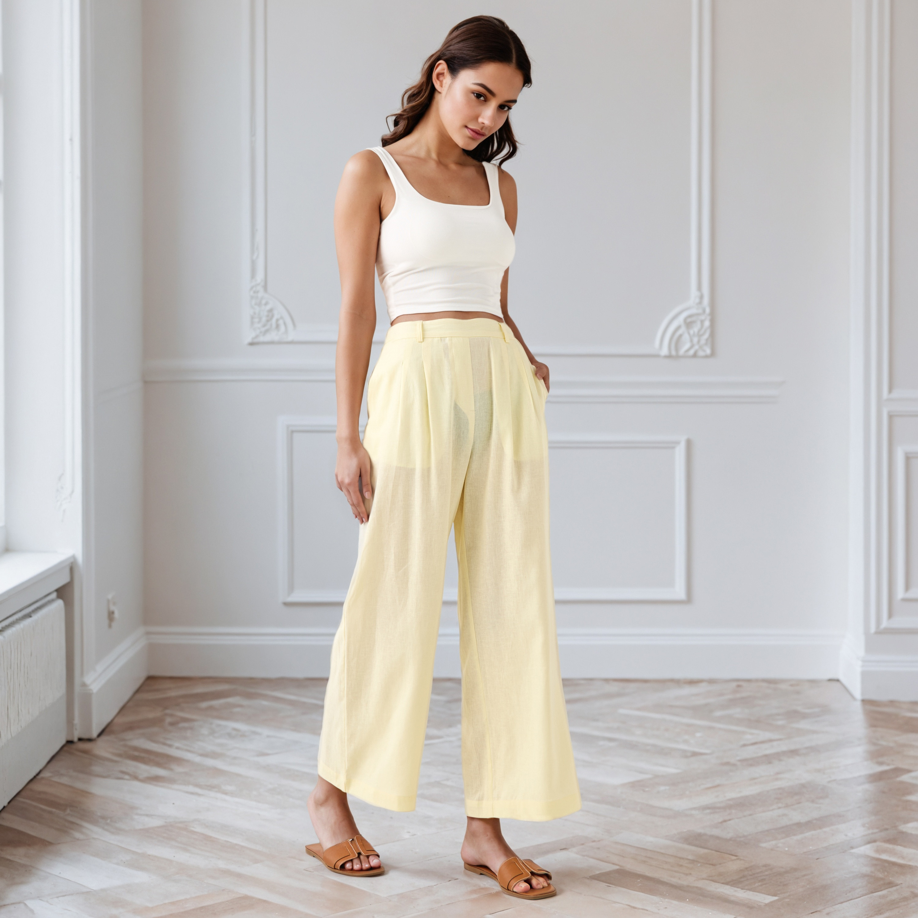 بنطلون واسع الساقين من مزيج الكتان بكُسرات وخصر مطاطي-women-clothing-trousers-image-17