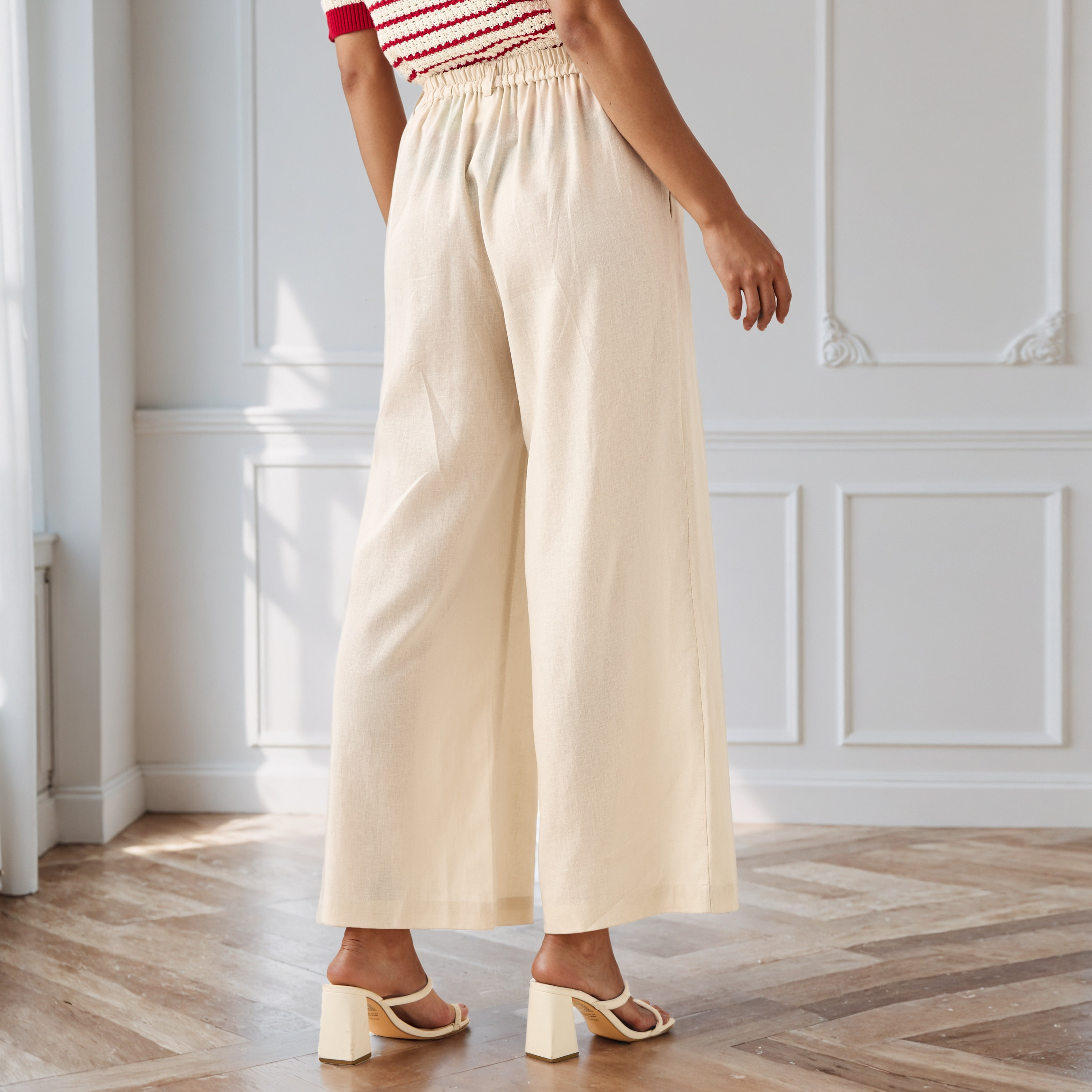 Pleated Linen Blend Wide Leg Flexi Waist Trousers-women-clothing-bottoms-trousers-image-3