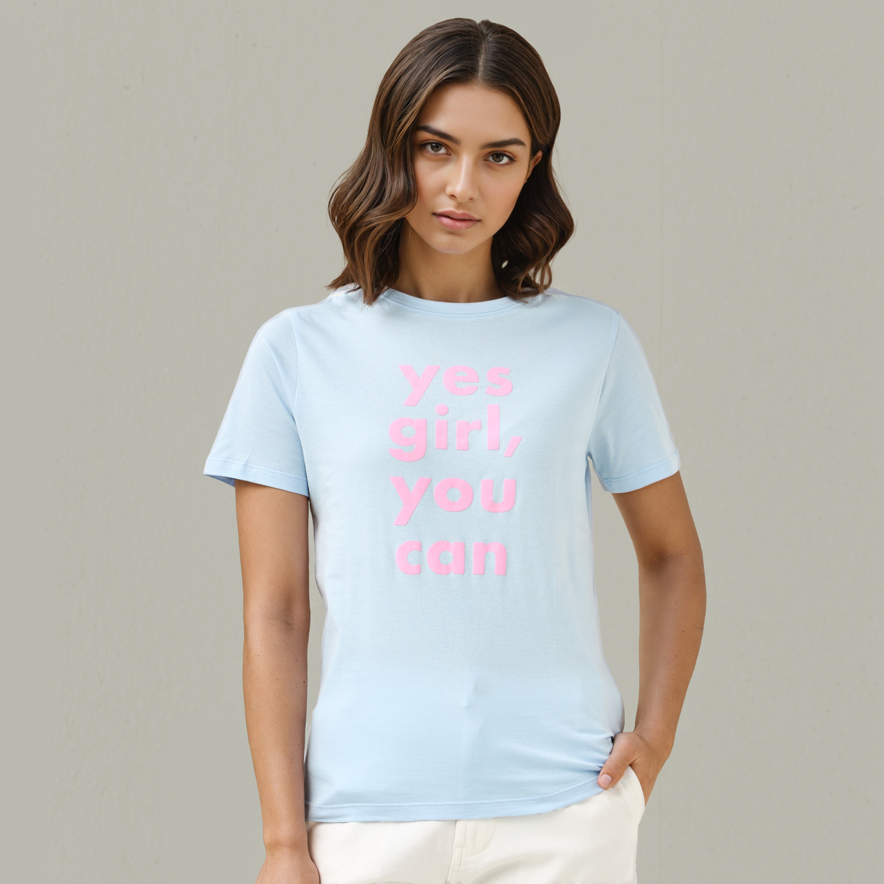 Slogan Print T-shirt with Crew Neck-women-clothing-tshirts-image-1