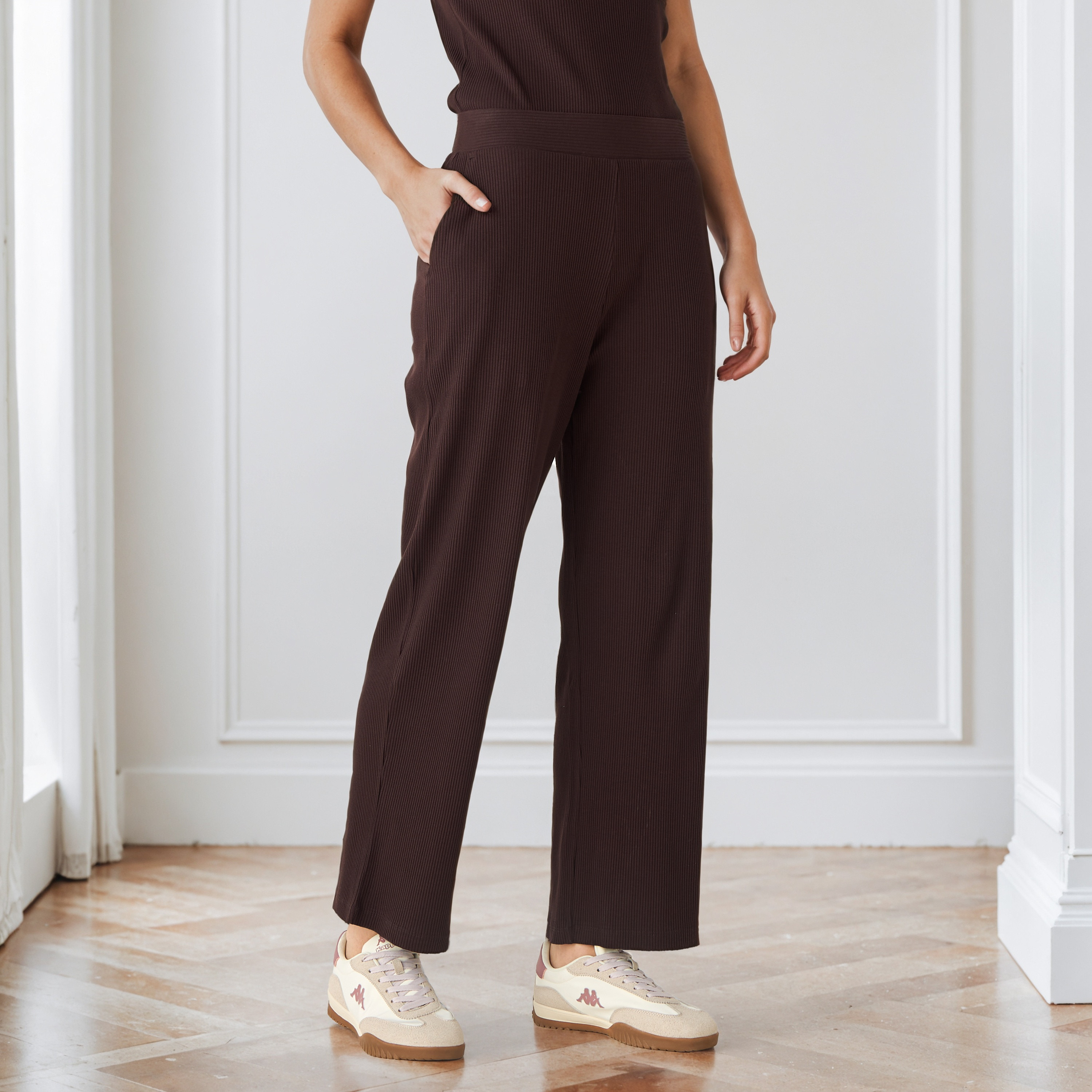 Ribbed Wide Leg Flexi Waist Pants with Pockets-women-clothing-bottoms-trousers-image-1