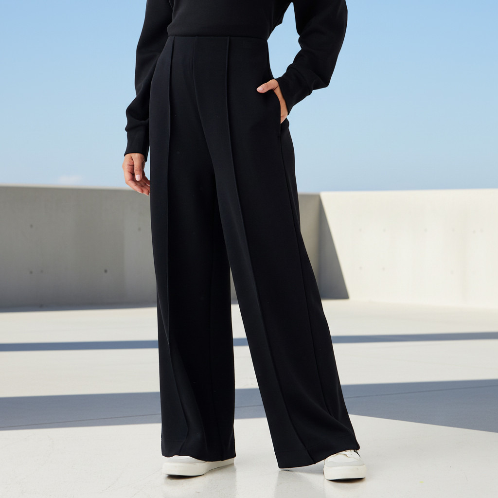 Regular Fit Flexi Waist Soft Touch Wide Leg Pants with Pintuck Detail-women-clothing-bottoms-joggers-image-1