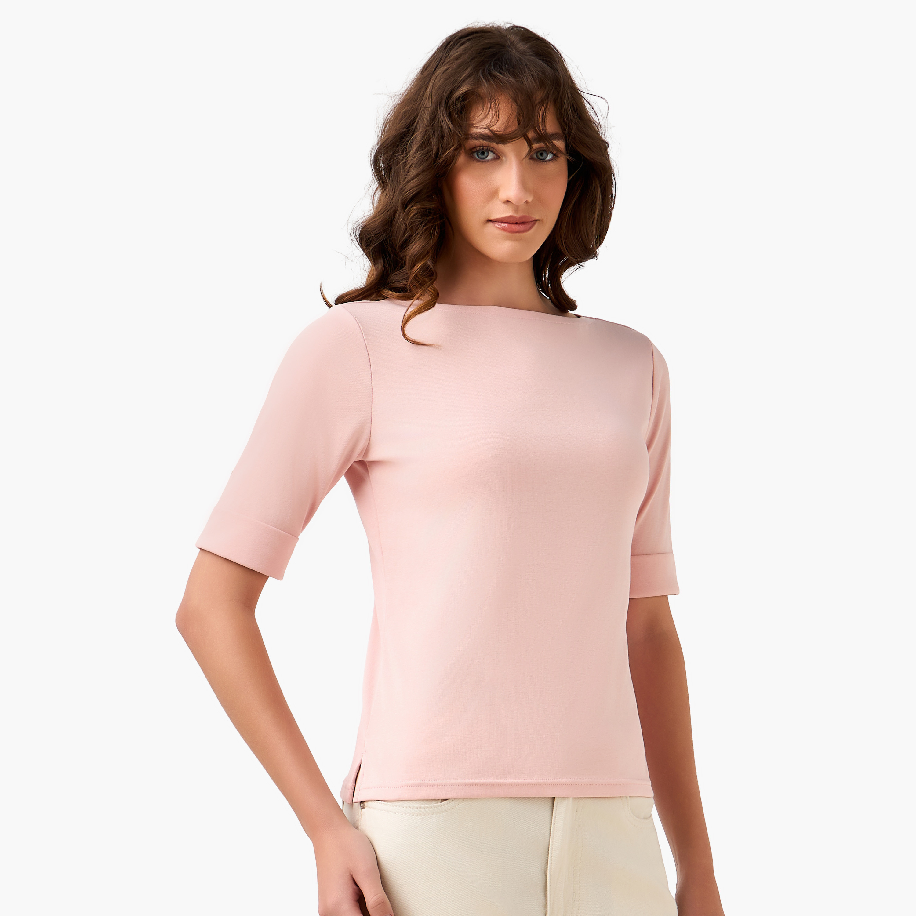 Regular Fit T-shirt with Boat Neck-women-clothing-tshirts-image-2