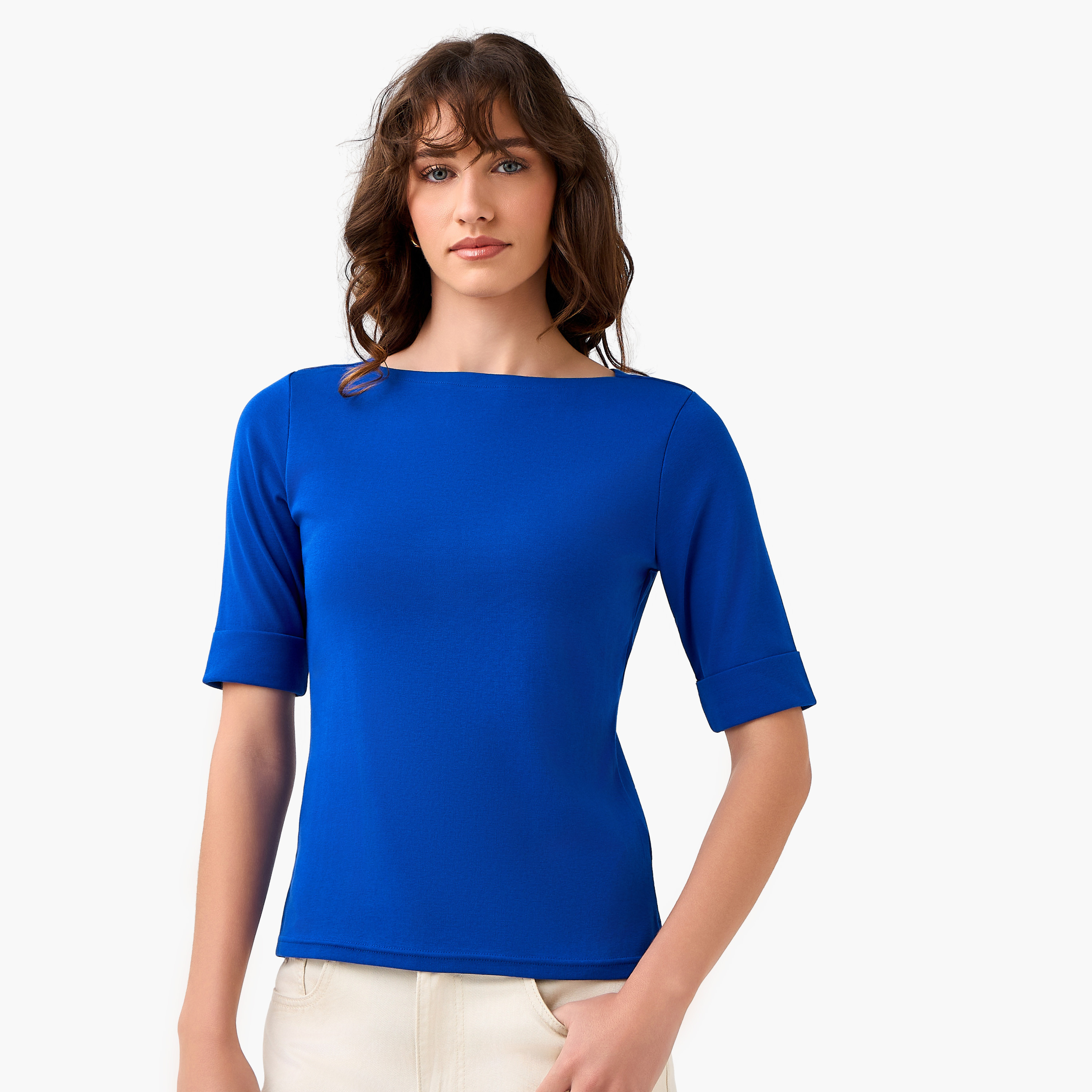تيشيرت بقصة عادية وياقة قارب-women-clothing-tshirts-image-2