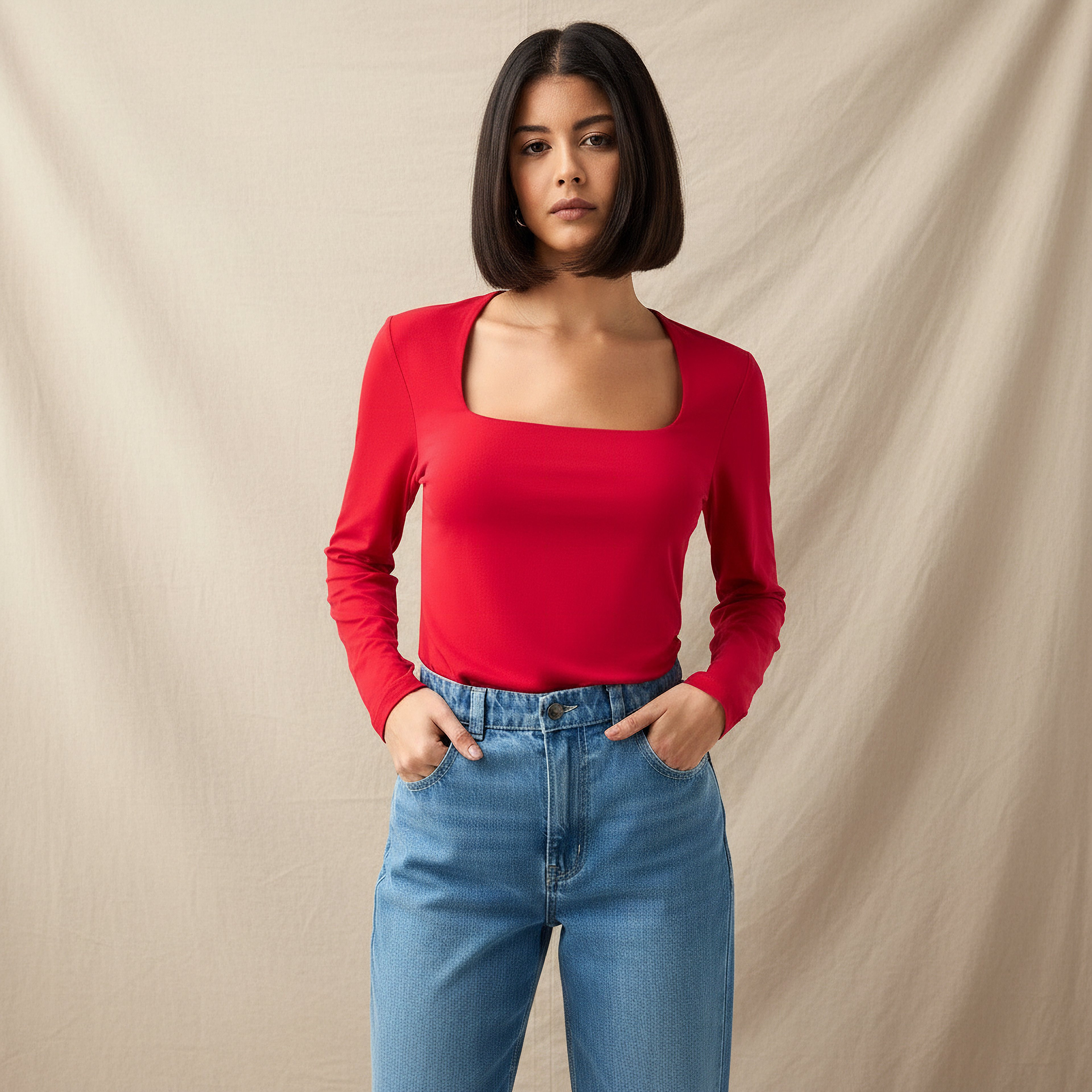 تيشيرت برقبة مربعة وقصة عادية-women-clothing-tshirts-image-1