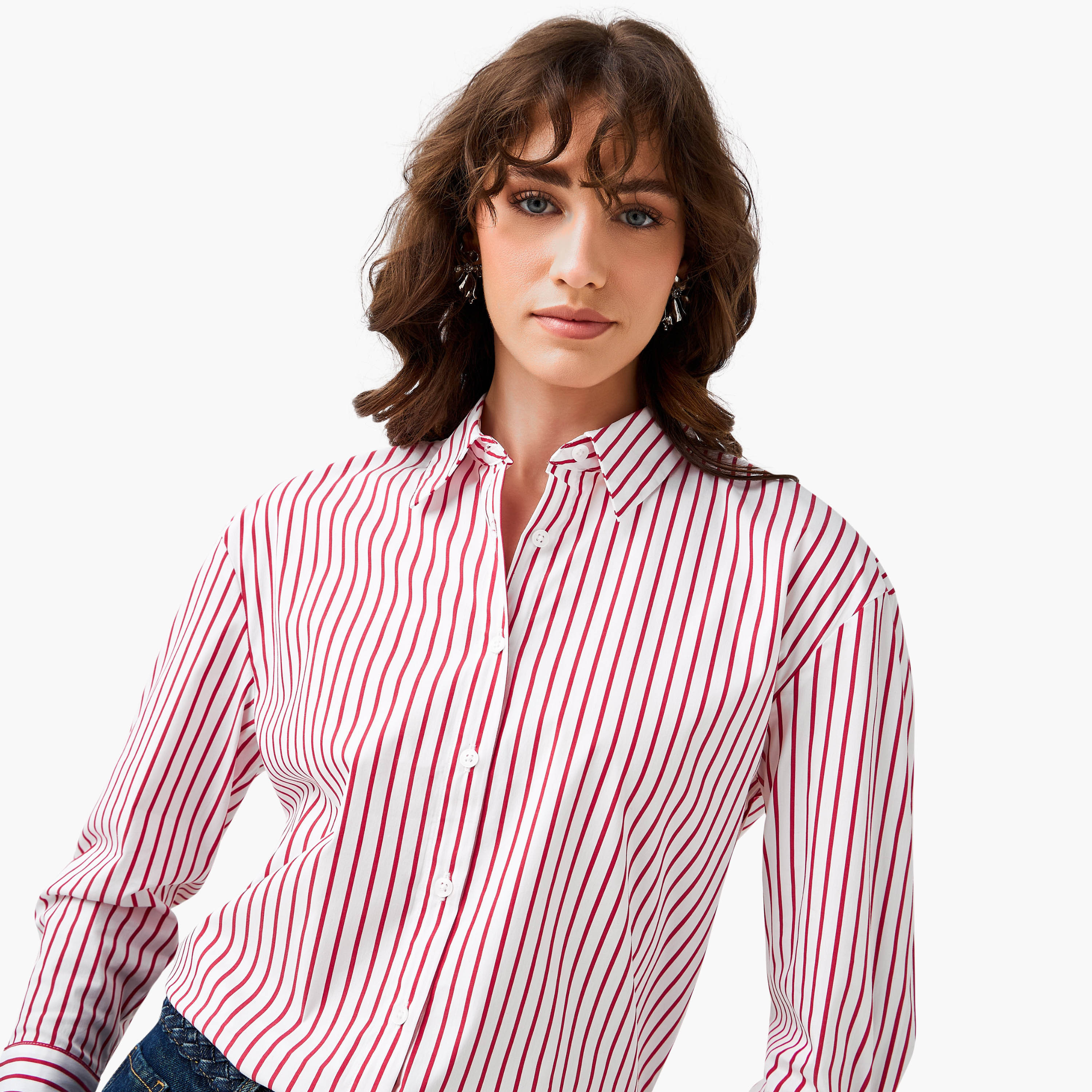 Regular Fit Poplin High Low Shirt with Stripes-women-clothing-shirtsandblouses-shirts-image-6