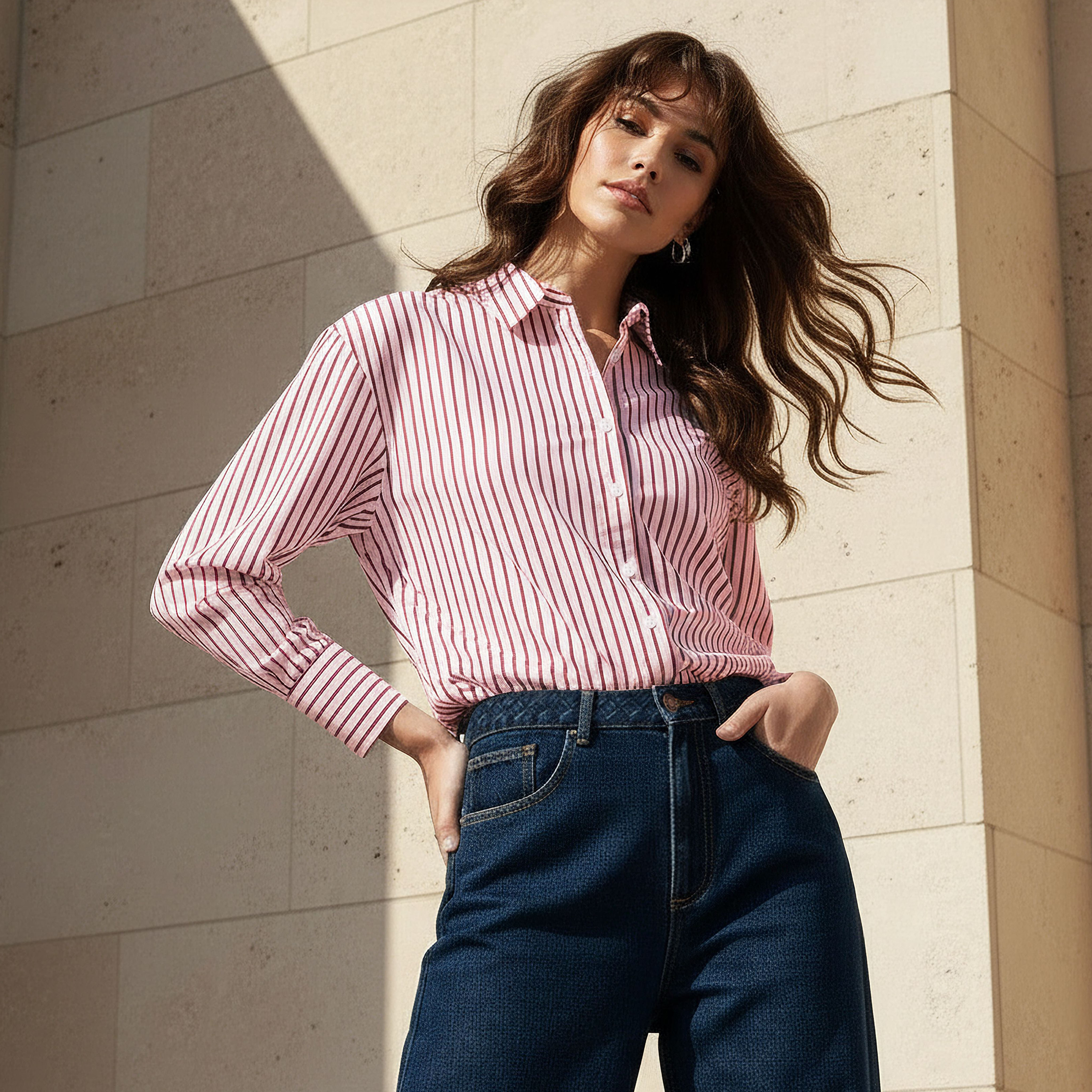 Regular Fit Poplin High Low Shirt with Stripes-women-clothing-shirtsandblouses-shirts-image-1