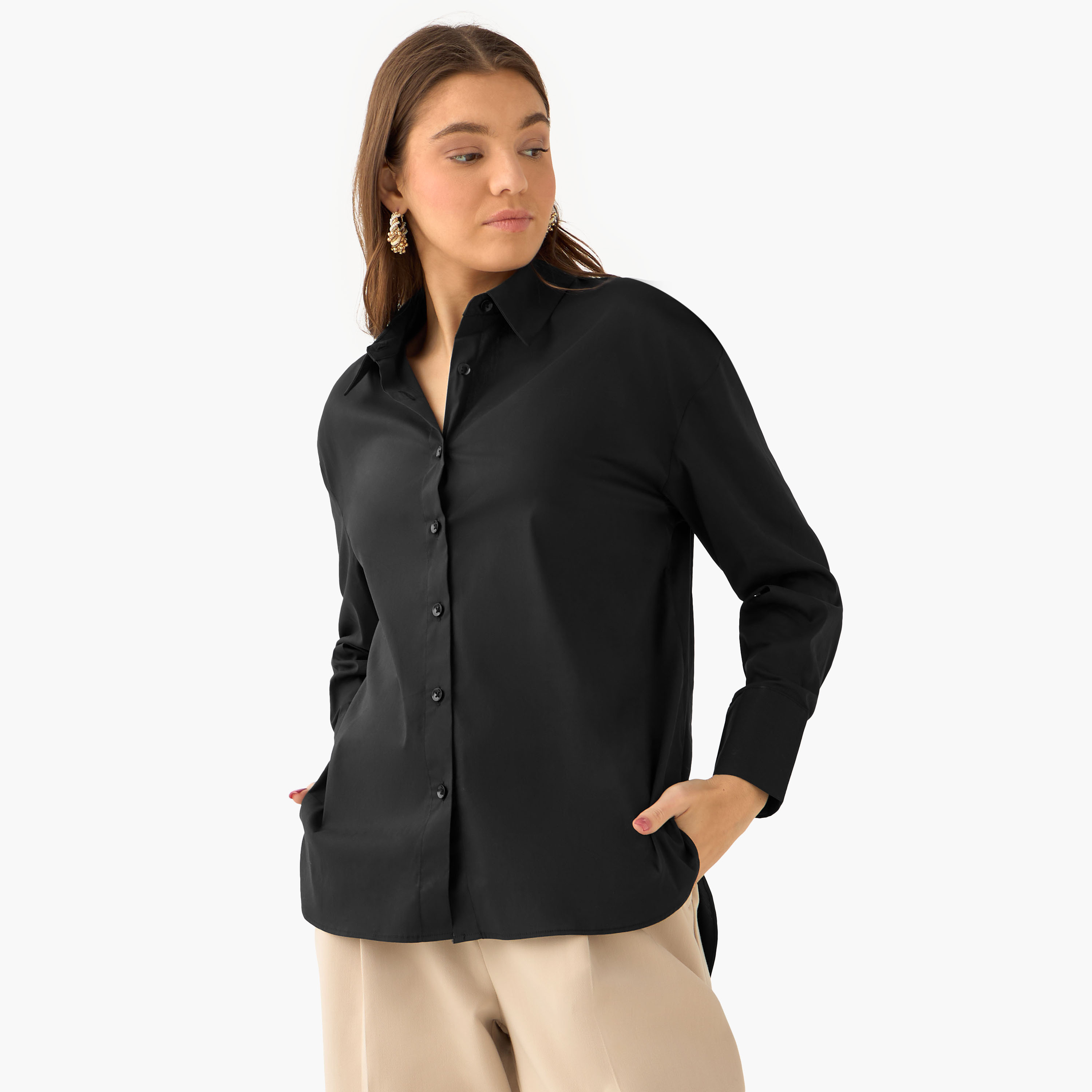 Poplin Shirt with High Low Hem-women-clothing-shirtsandblouses-shirts-image-2
