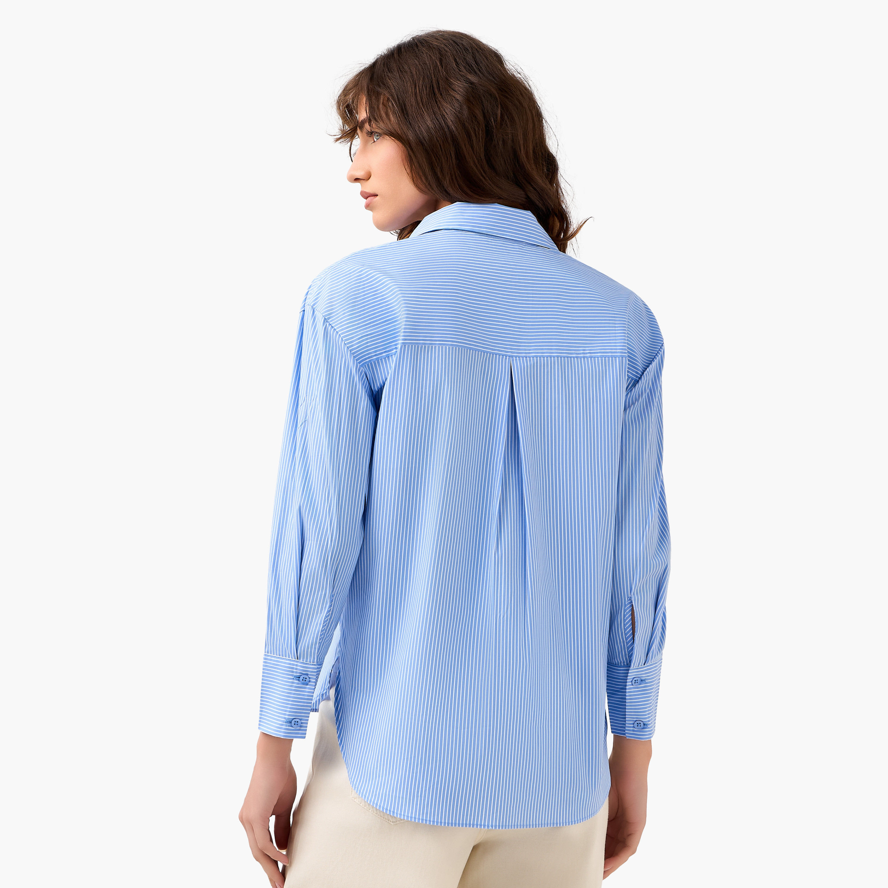 Regular Fit Poplin High Low Shirt with Stripes-women-clothing-shirtsandblouses-shirts-image-5