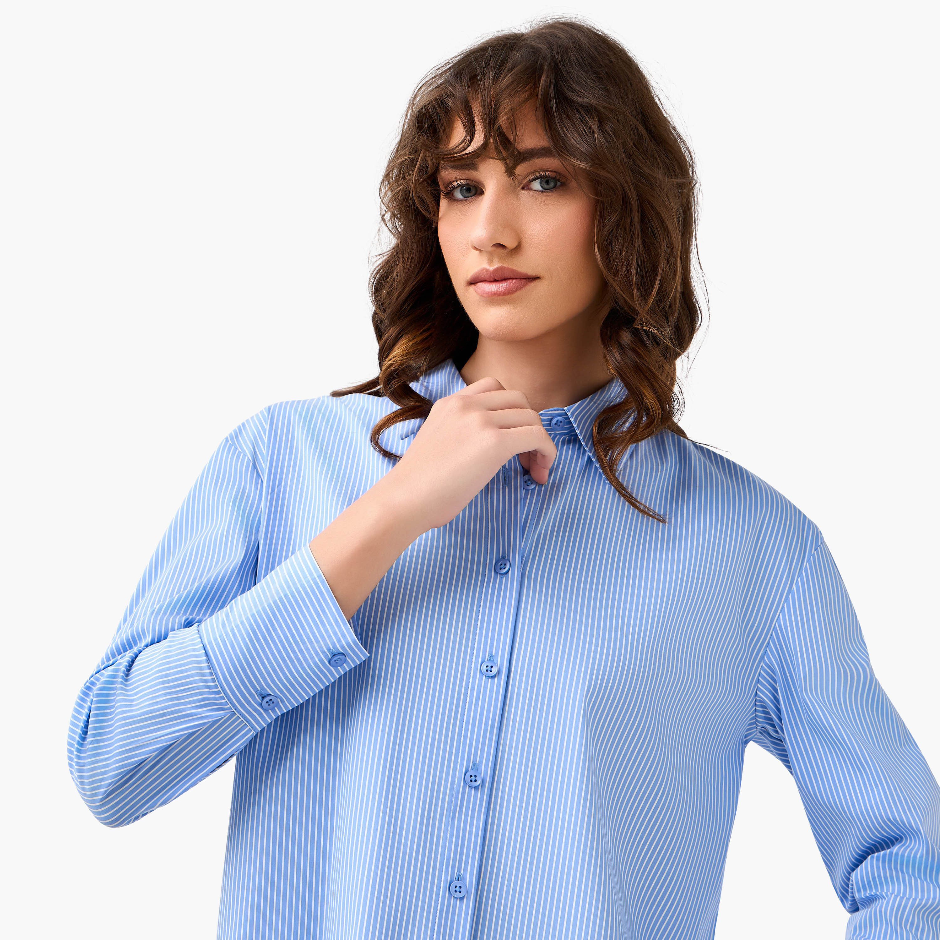 Regular Fit Poplin High Low Shirt with Stripes-women-clothing-shirtsandblouses-shirts-image-6
