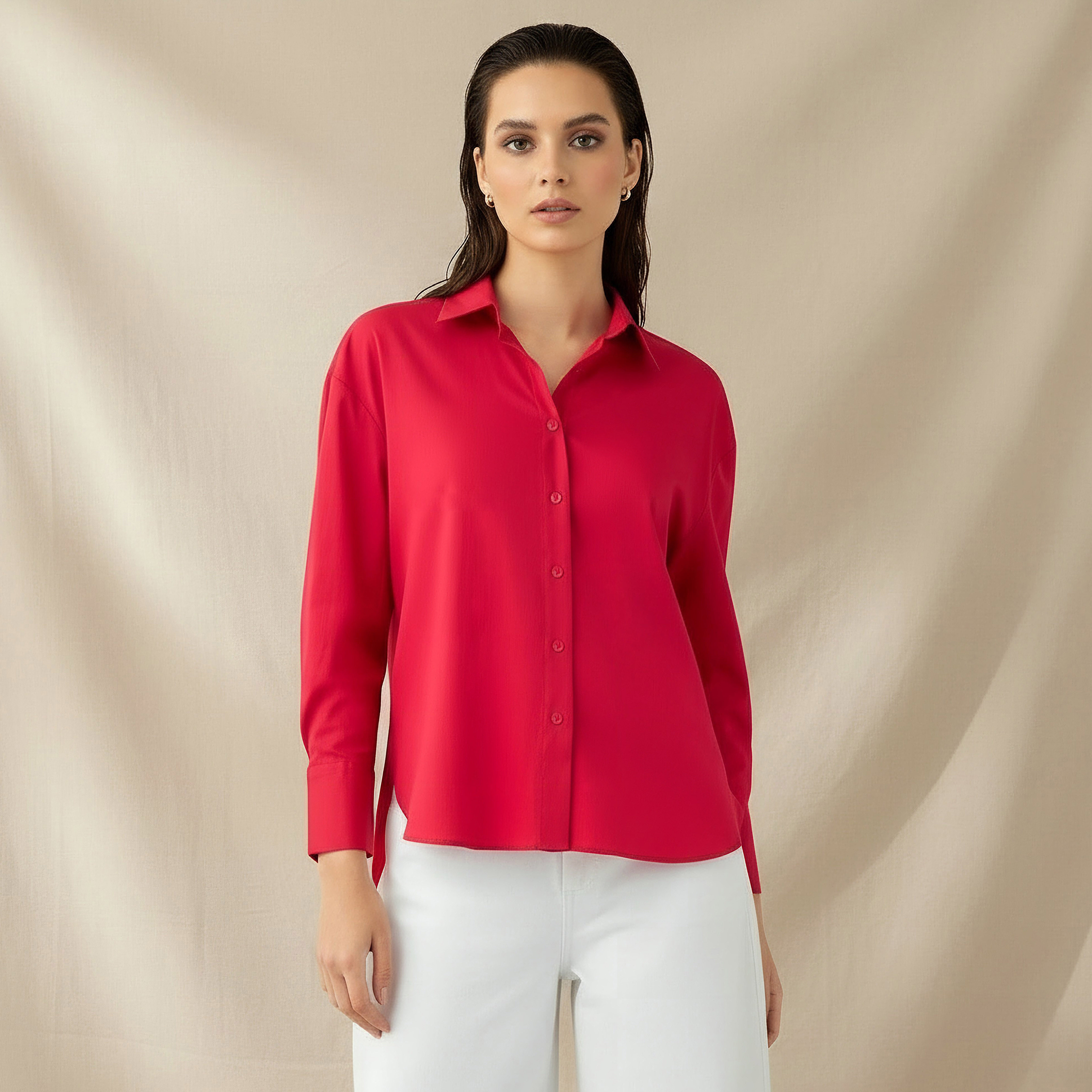 Poplin Shirt with High Low Hem-women-clothing-shirtsandblouses-shirts-image-1