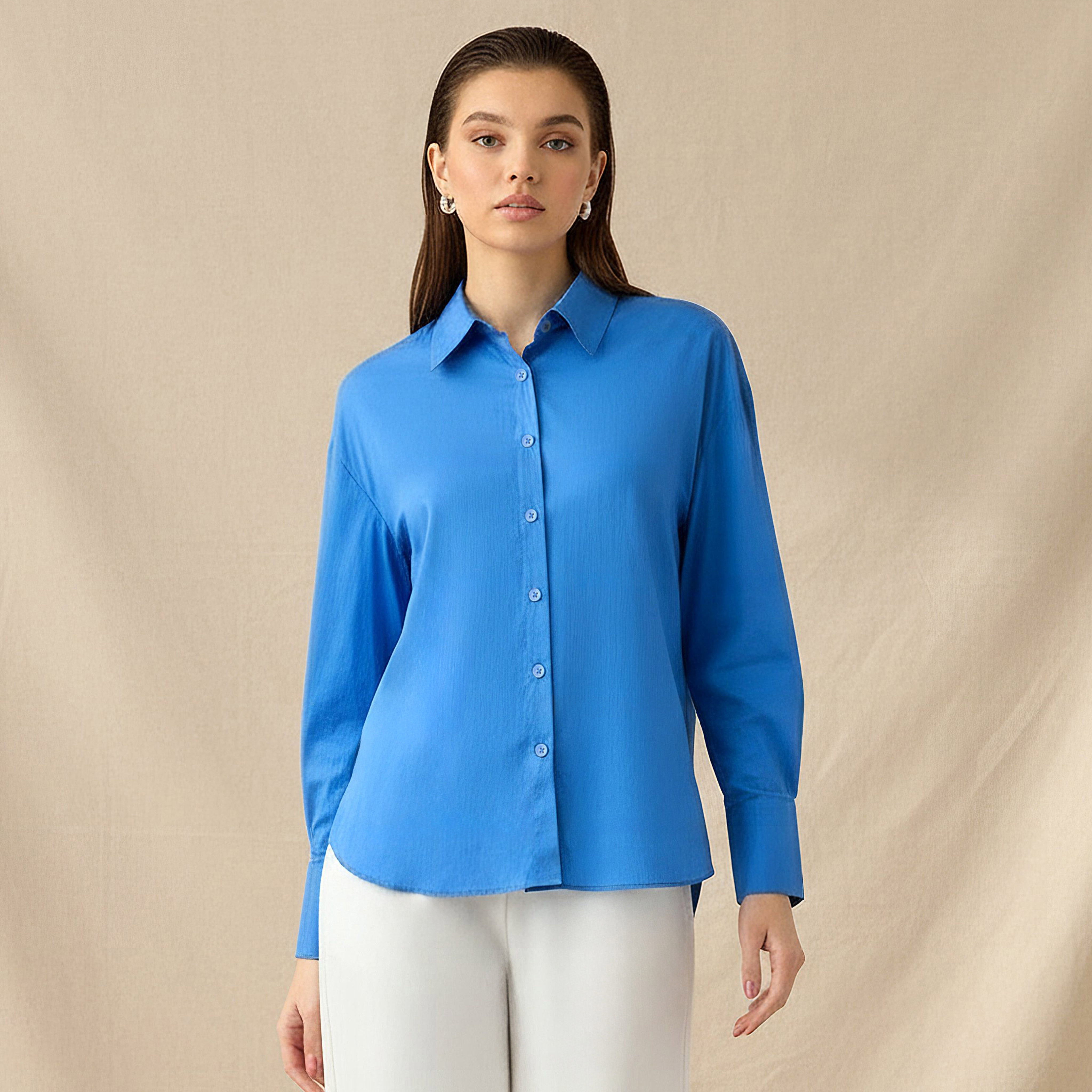 Poplin Shirt with High Low Hem-women-clothing-shirtsandblouses-shirts-image-1