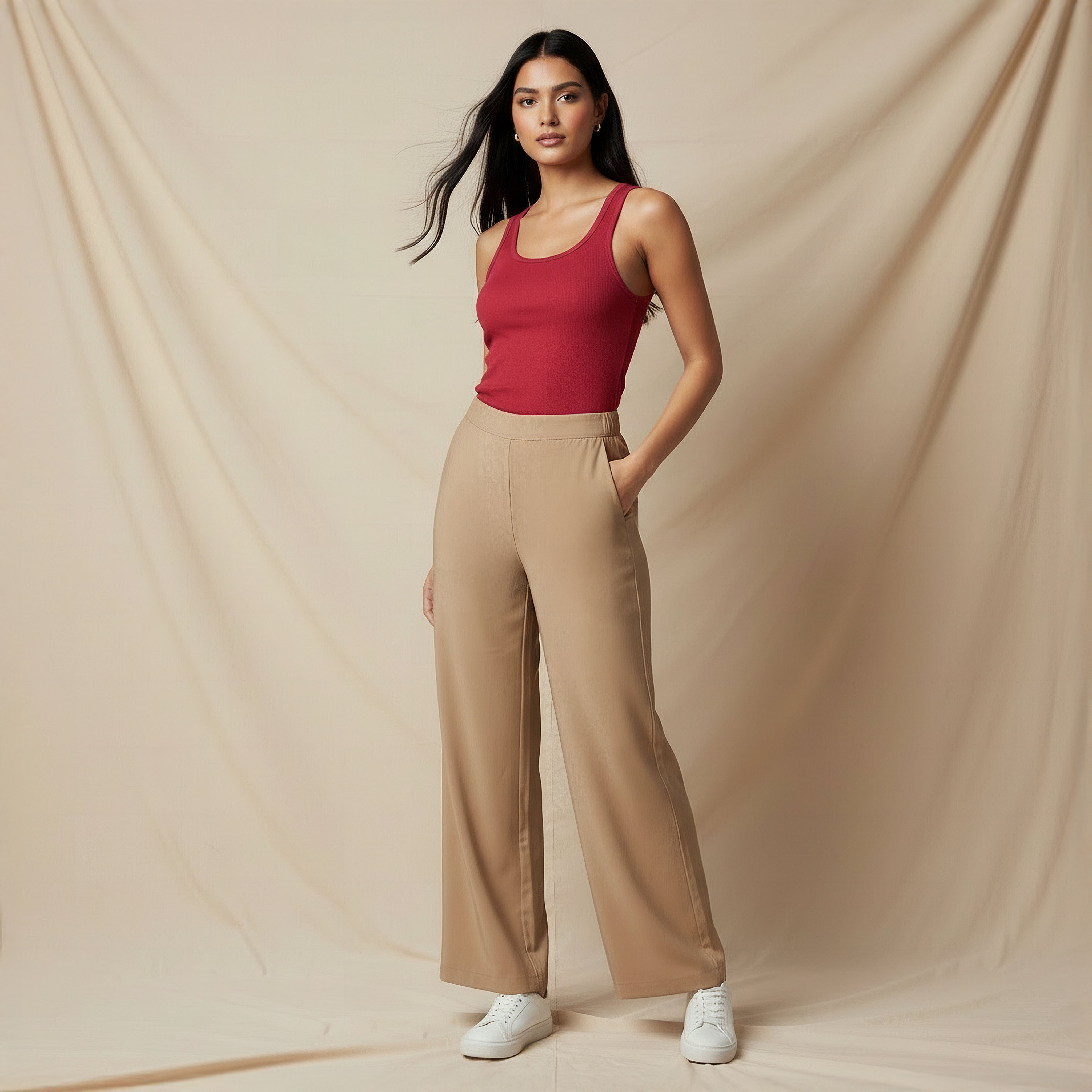 بنطلون واسع الساقين بقصة عادية وخصر متوسط الارتفاع-women-clothing-coordsets-image-4