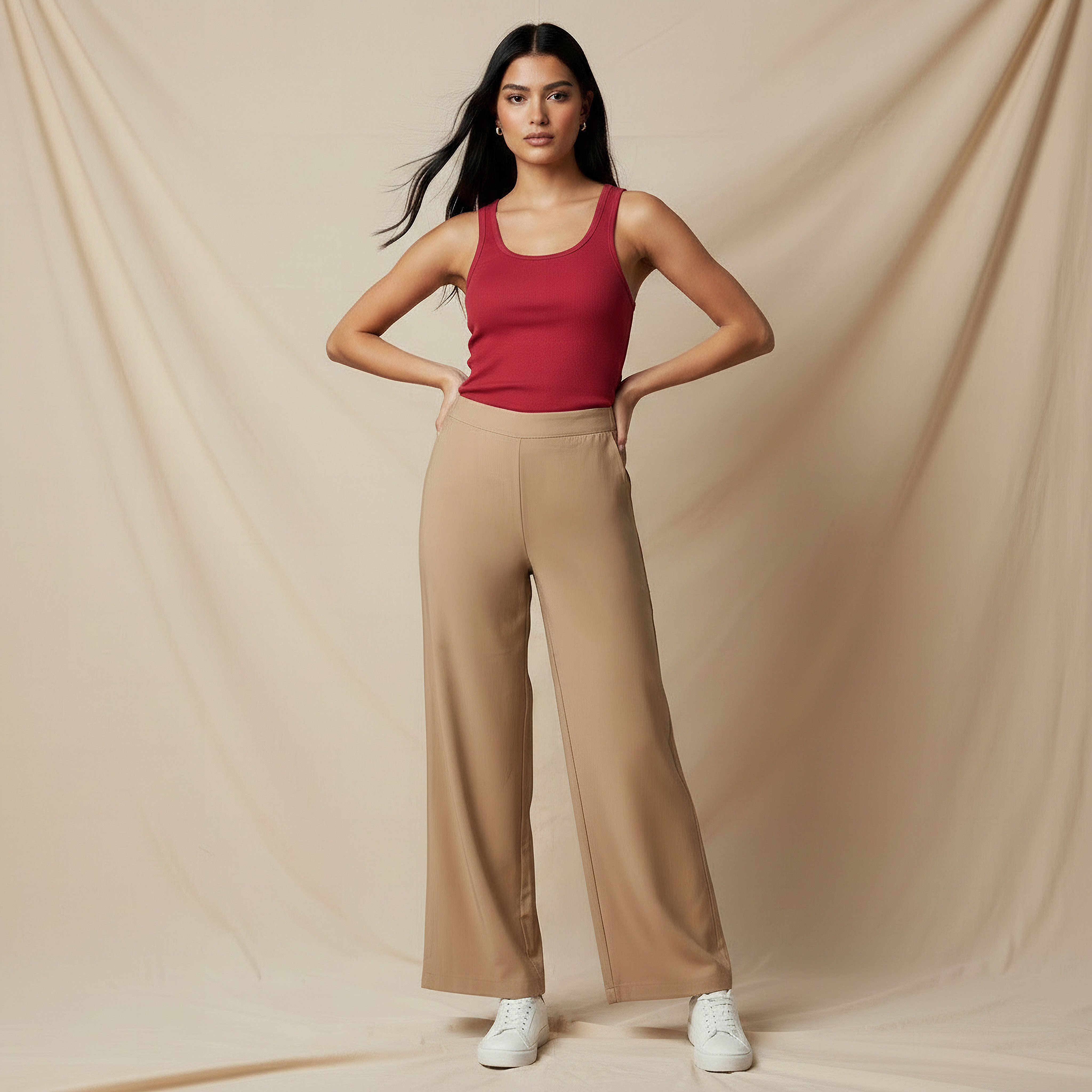 بنطلون واسع الساقين بقصة عادية وخصر متوسط الارتفاع-women-clothing-coordsets-image-1