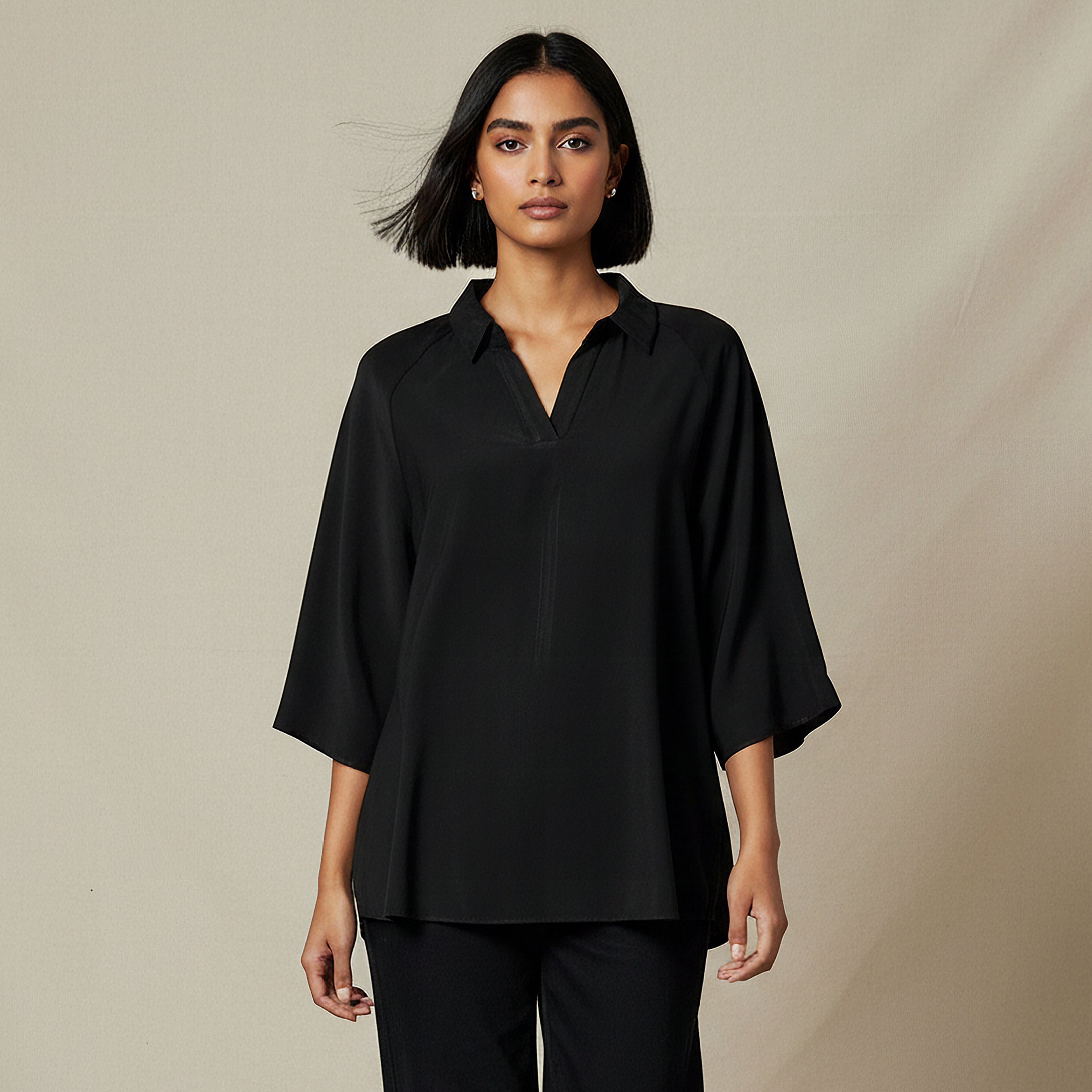Relaxed Fit Twill Raglan Sleeve Top with Collar-women-clothing-coordsets-image-1