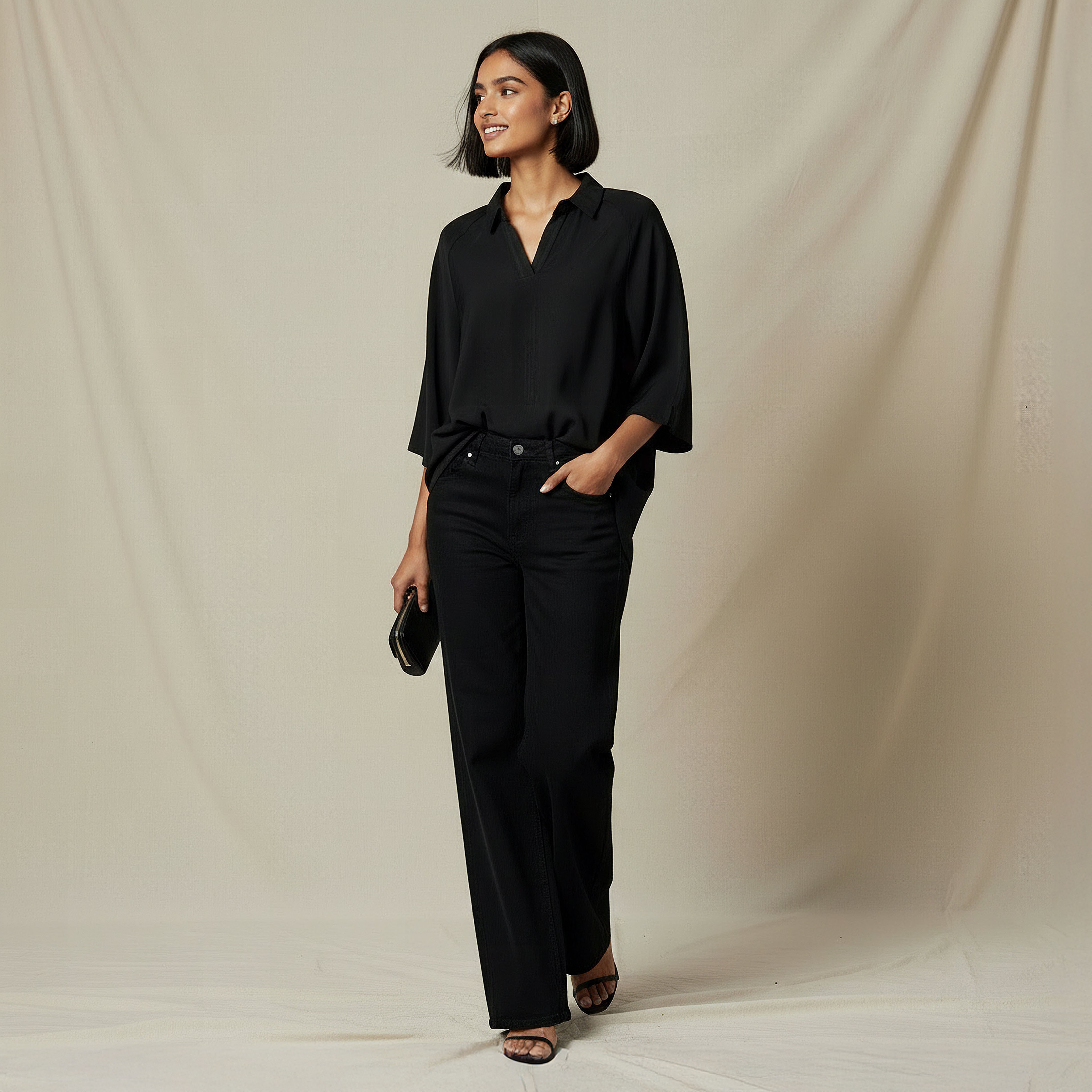 Relaxed Fit Twill Raglan Sleeve Top with Collar-women-clothing-coordsets-image-2