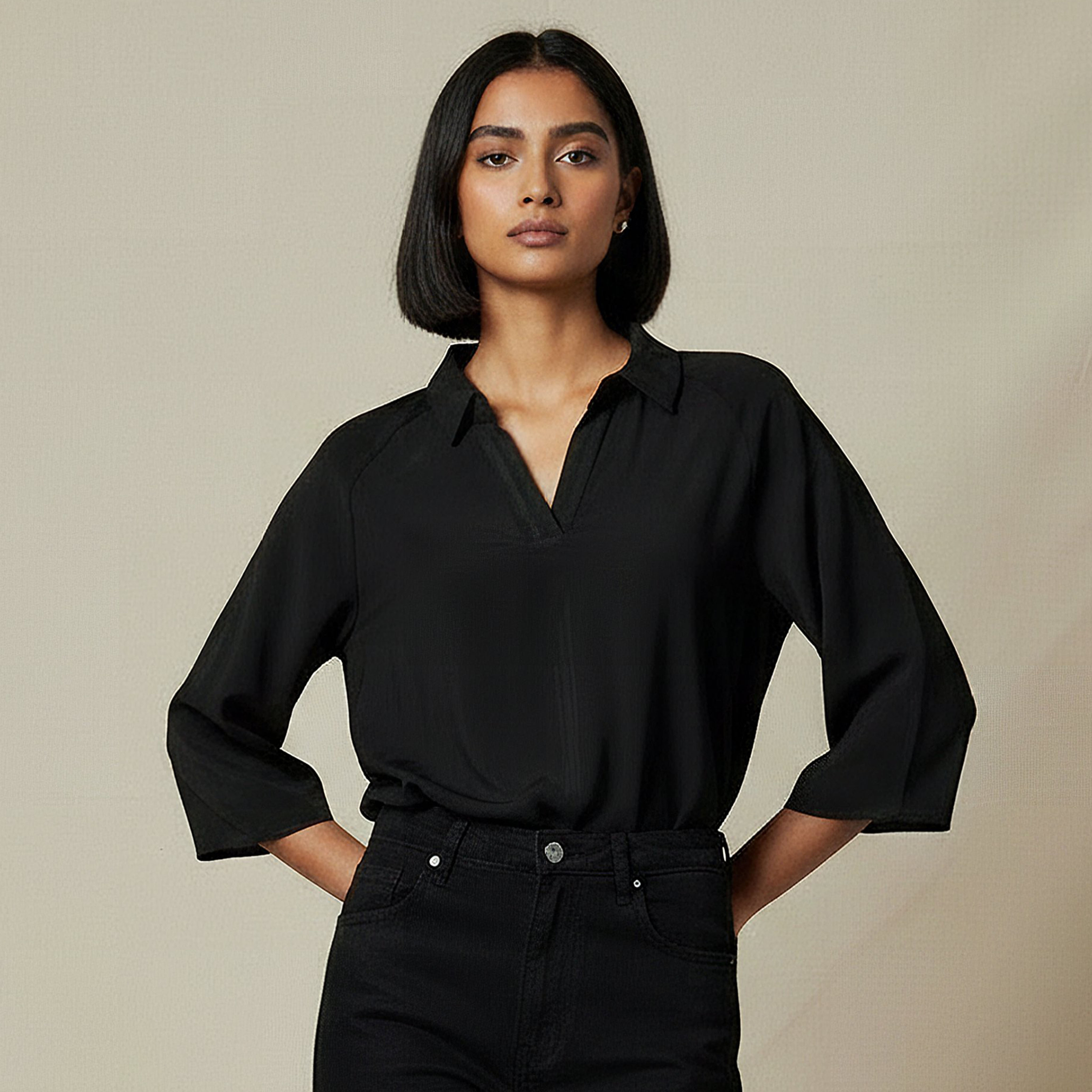 Relaxed Fit Twill Raglan Sleeve Top with Collar-women-clothing-coordsets-image-6
