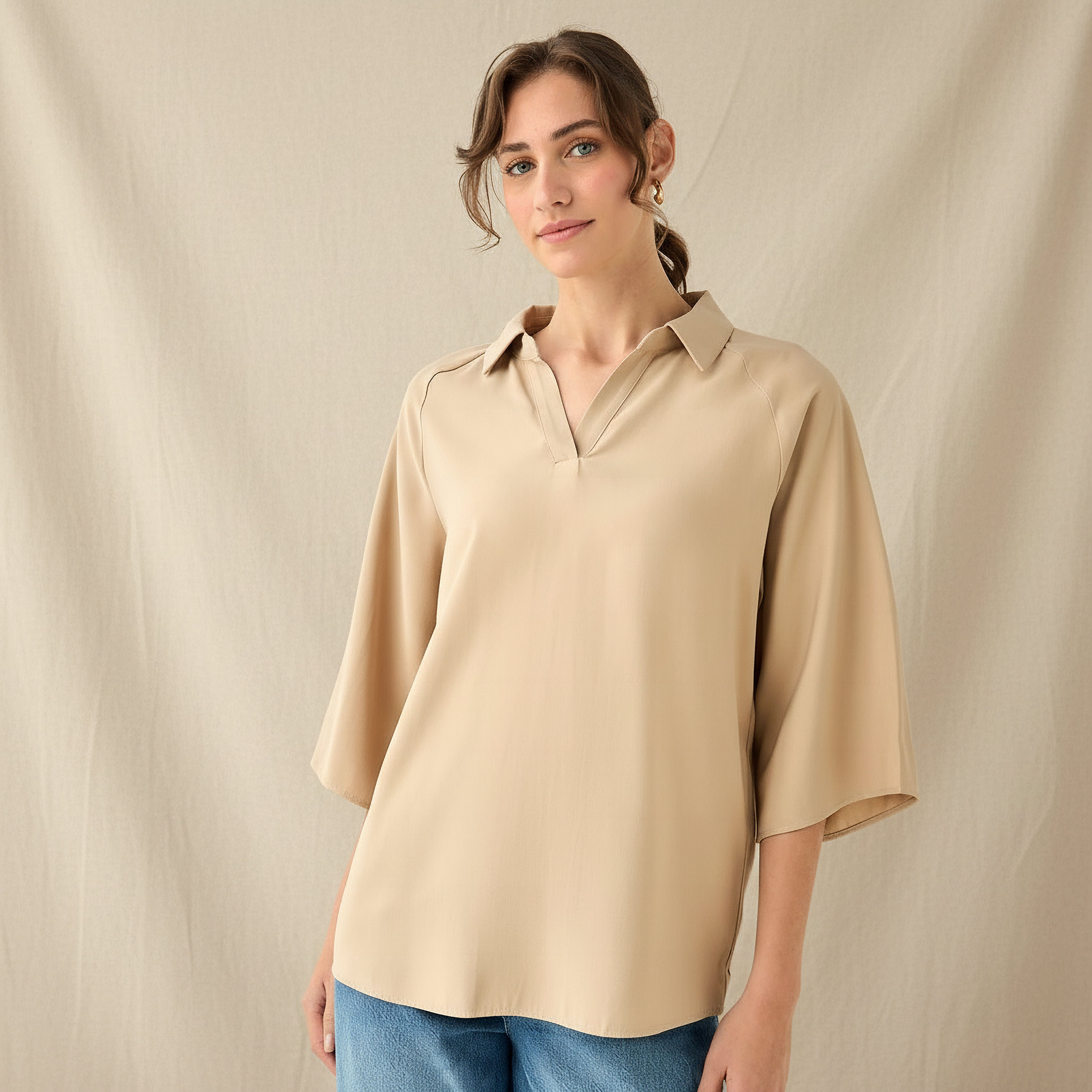 بلوزة تويل بقصة عادية وأكمام راجلان وياقة-women-clothing-coordsets-image-1