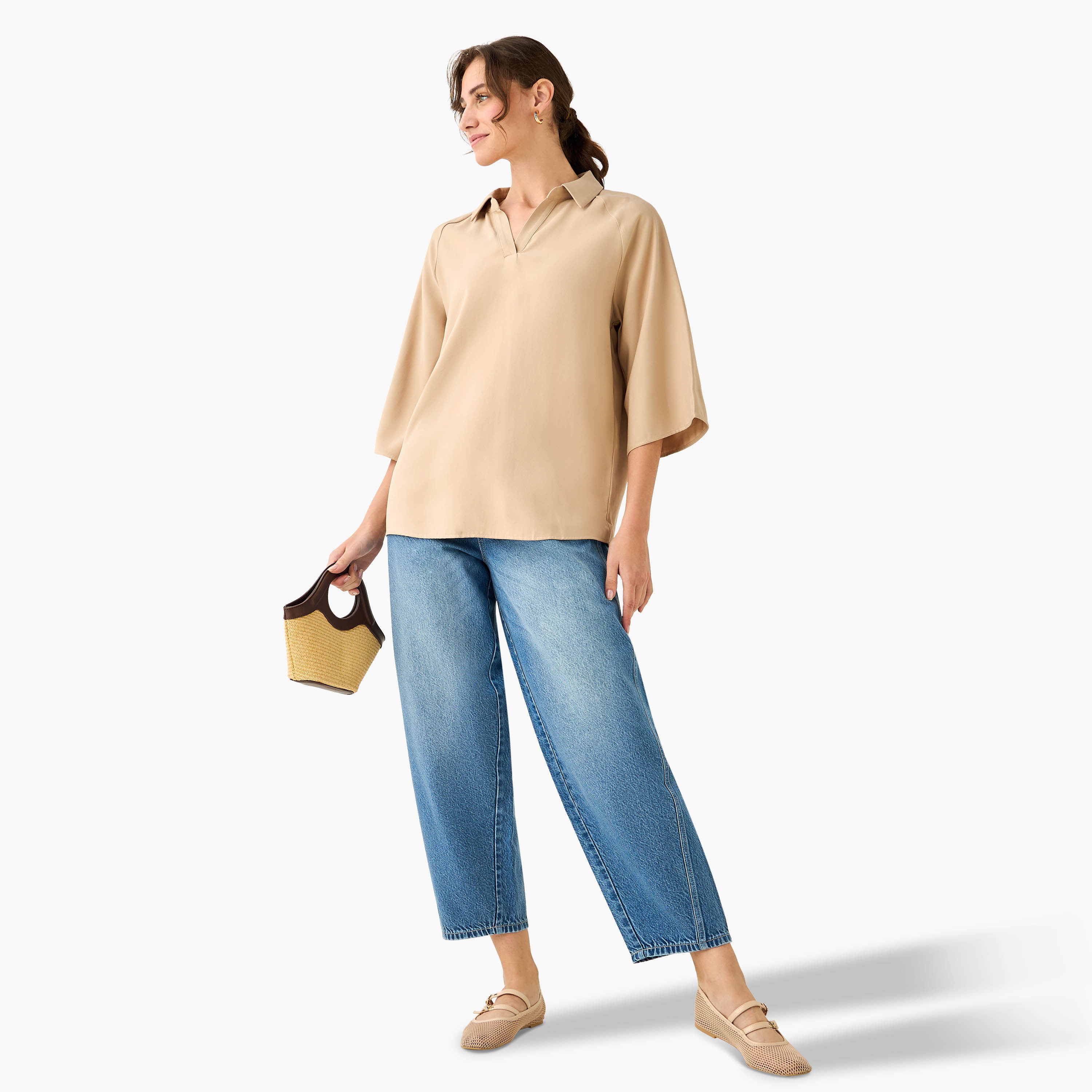 بلوزة تويل بقصة عادية وأكمام راجلان وياقة-women-clothing-coordsets-image-2