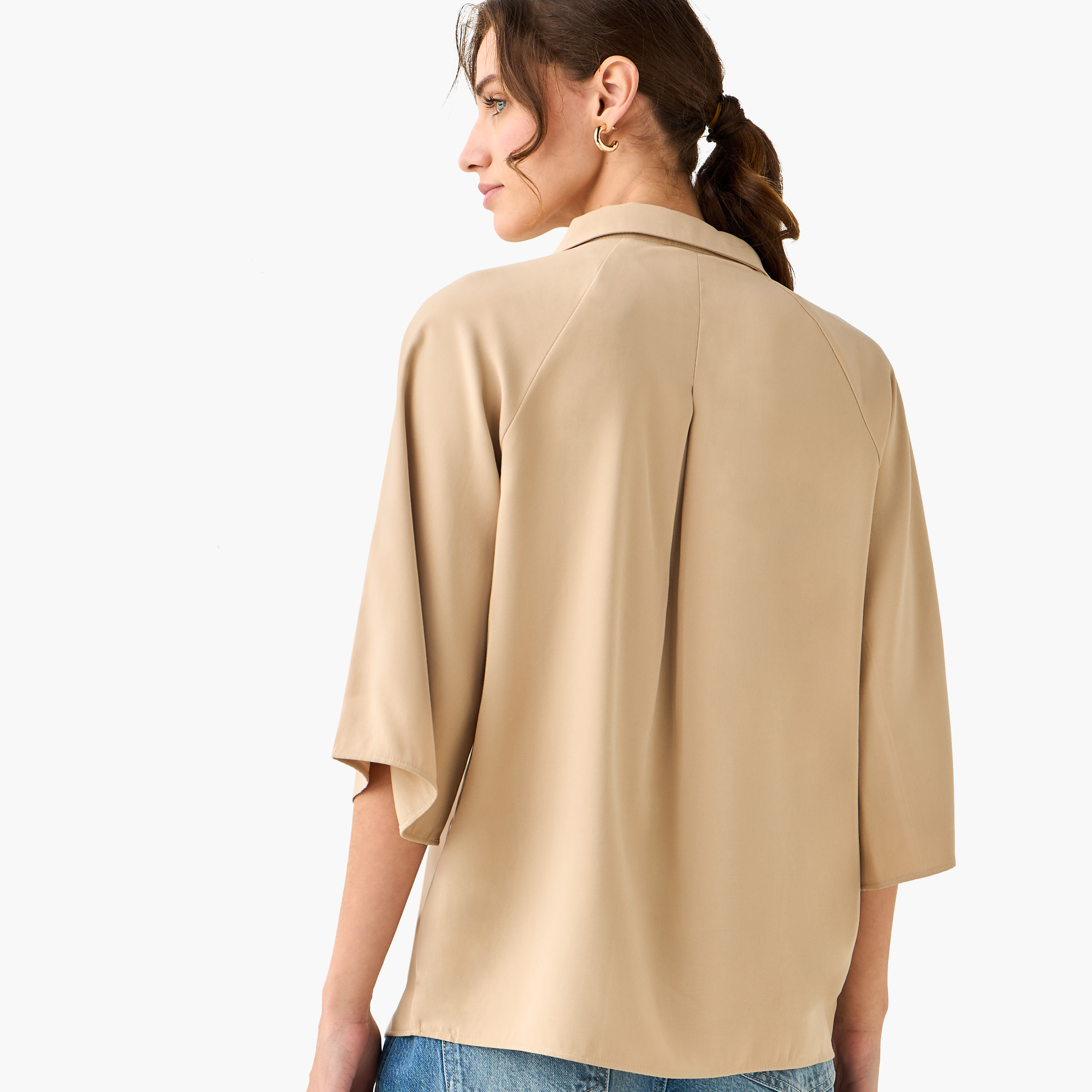 بلوزة تويل بقصة عادية وأكمام راجلان وياقة-women-clothing-coordsets-image-3