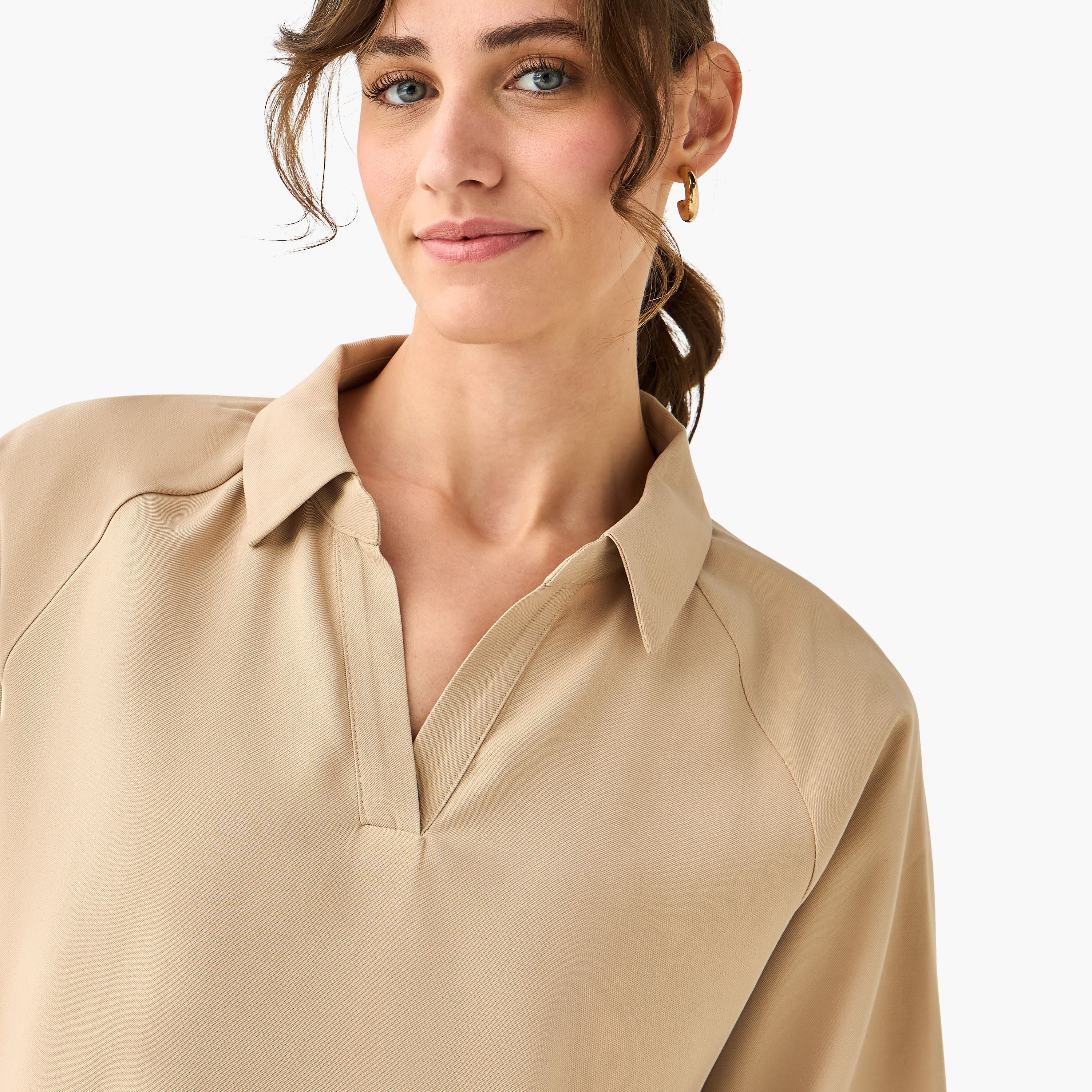 بلوزة تويل بقصة عادية وأكمام راجلان وياقة-women-clothing-coordsets-image-5