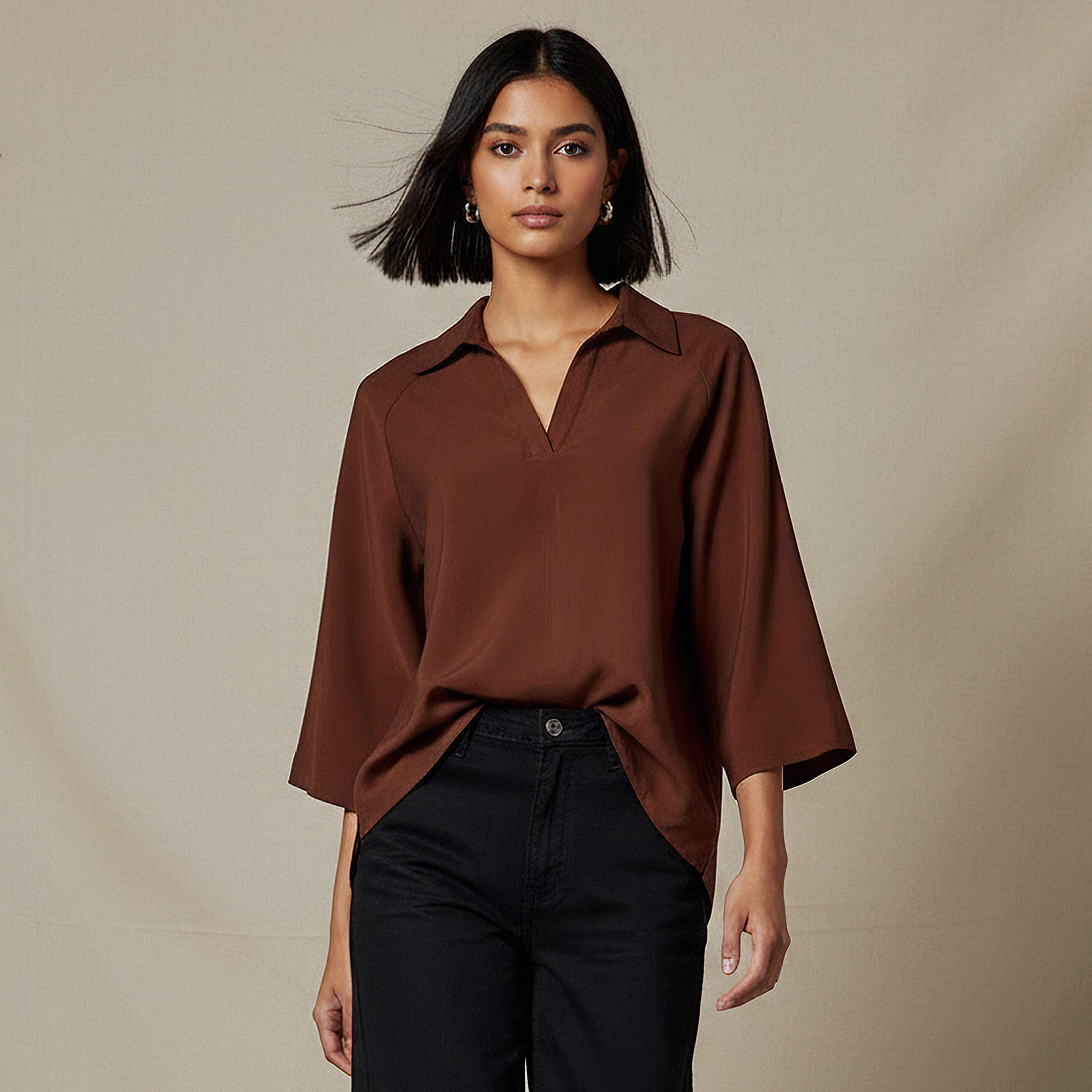 Relaxed Fit Twill Raglan Sleeve Top with Collar-women-clothing-coordsets-image-1