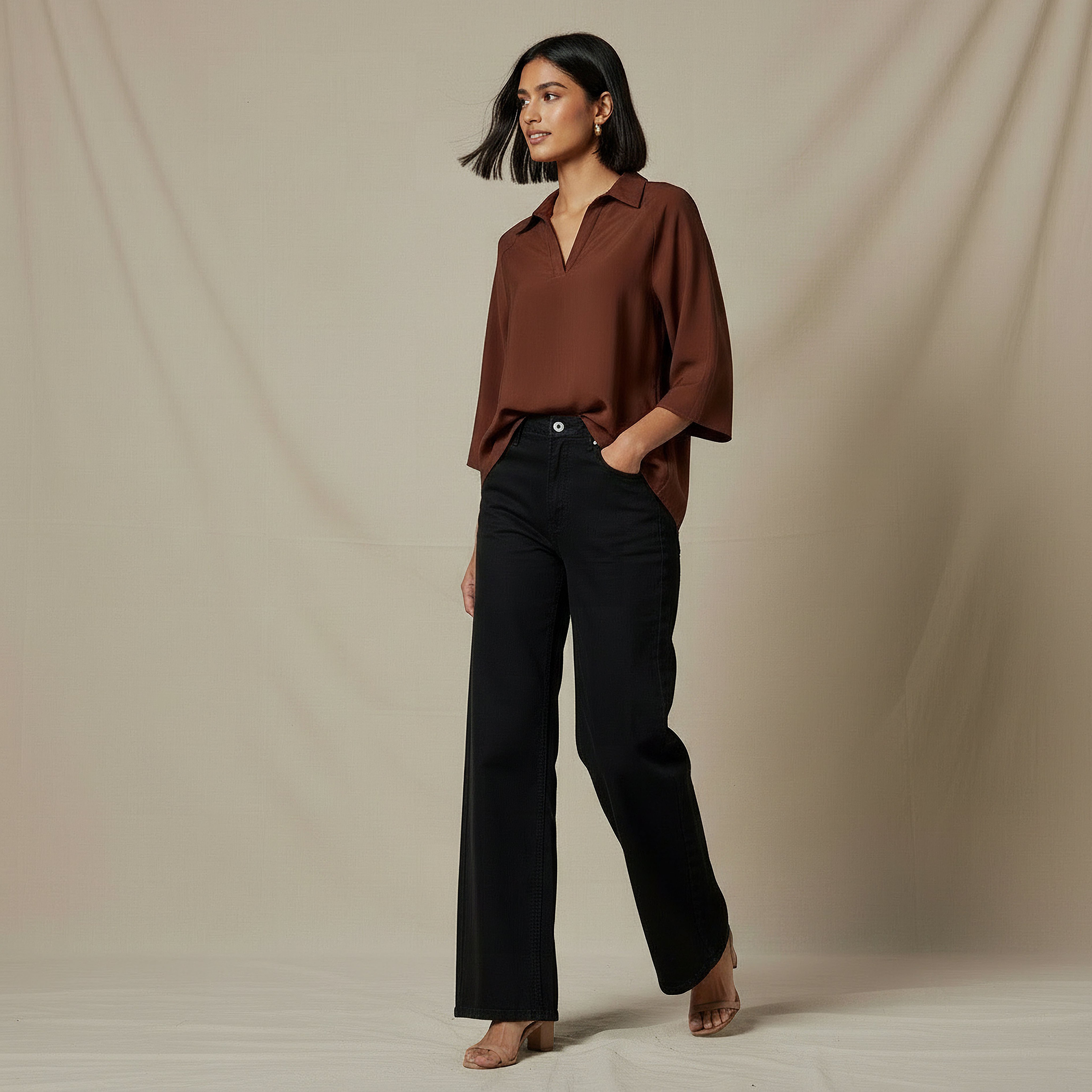 Relaxed Fit Twill Raglan Sleeve Top with Collar-women-clothing-coordsets-image-2