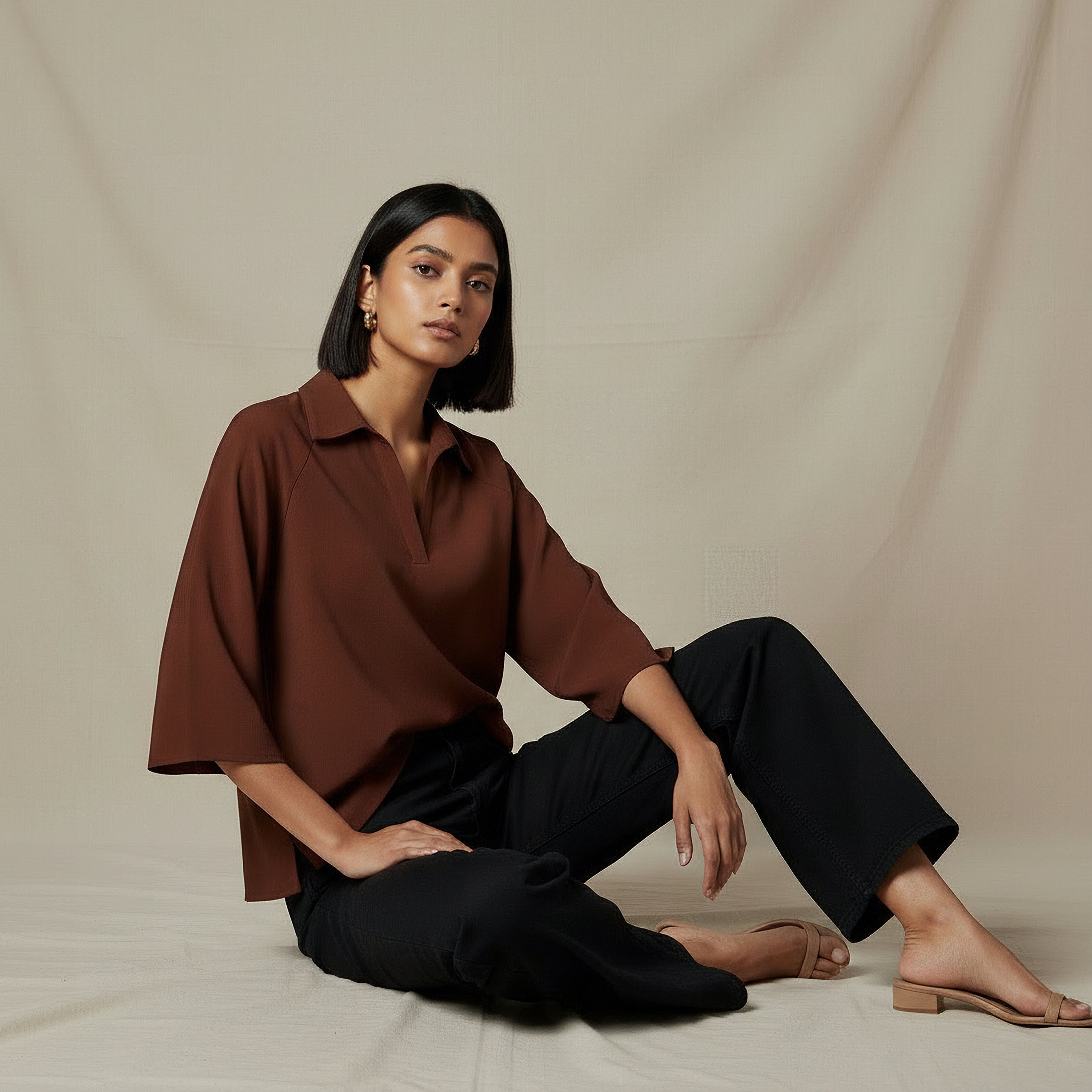 Relaxed Fit Twill Raglan Sleeve Top with Collar-women-clothing-coordsets-image-5