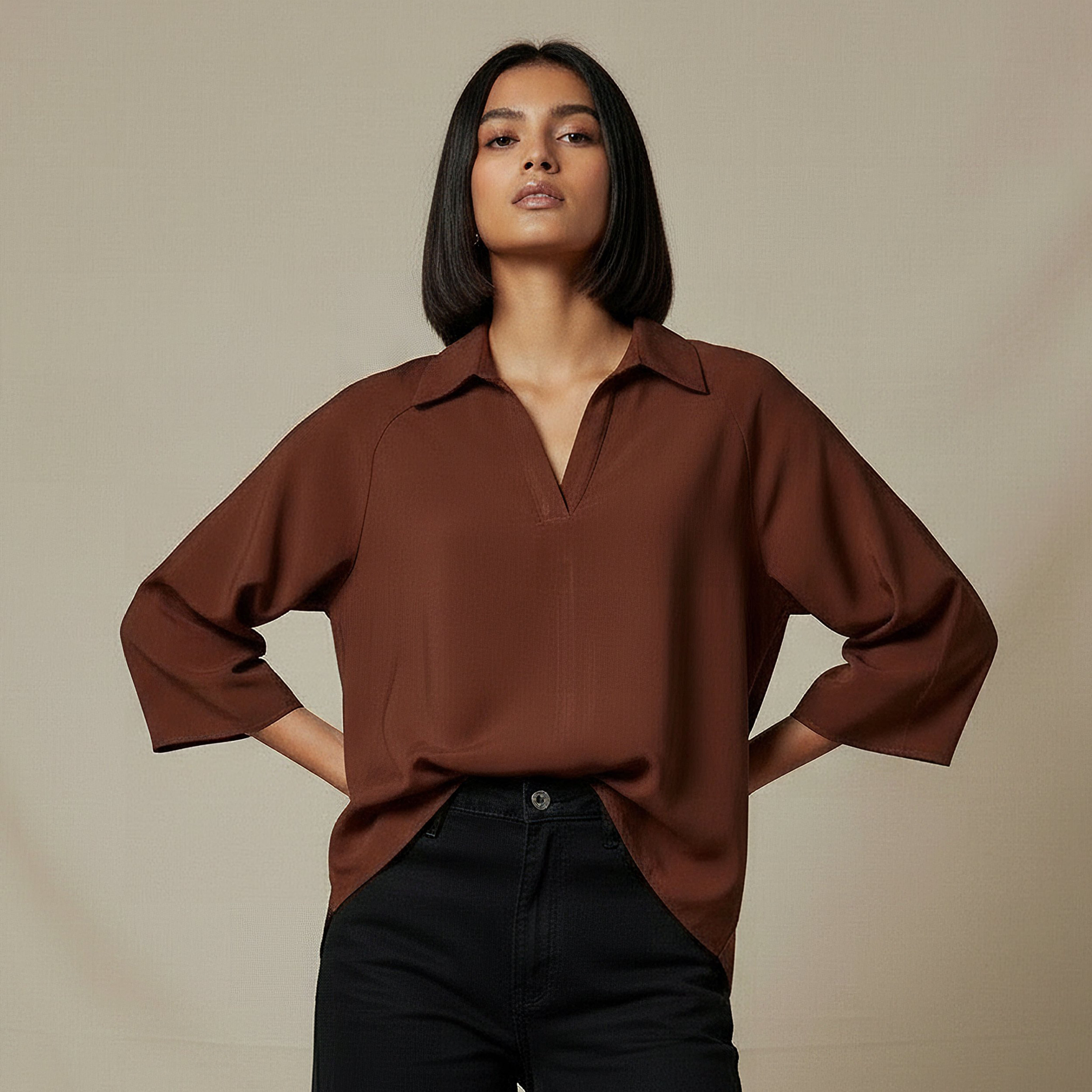 Relaxed Fit Twill Raglan Sleeve Top with Collar-women-clothing-coordsets-image-6