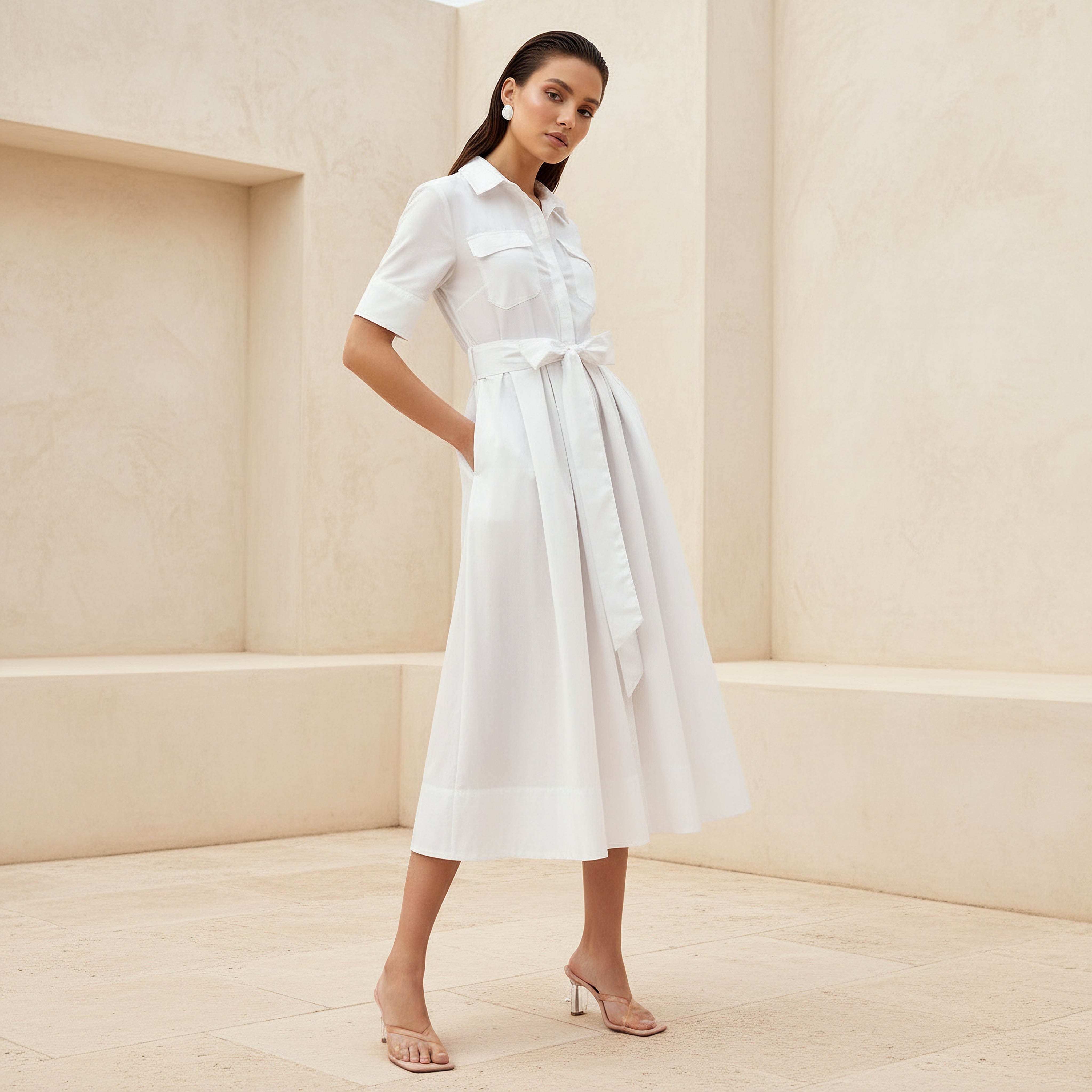 Shirt Midi Dress with Tie-Up Belt-women-clothing-dresses-image-1