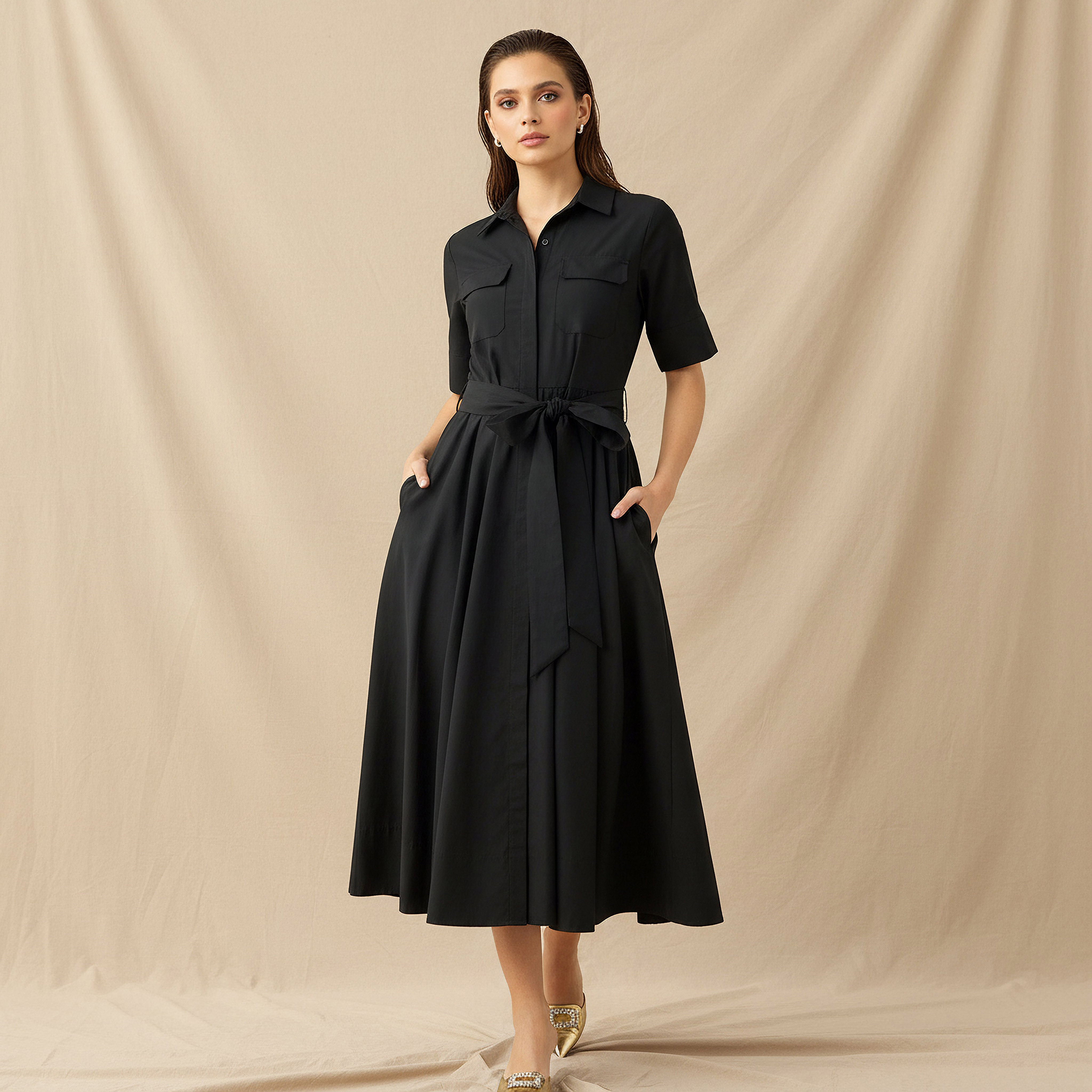 Shirt Midi Dress with Tie-Up Belt-women-clothing-dresses-image-1