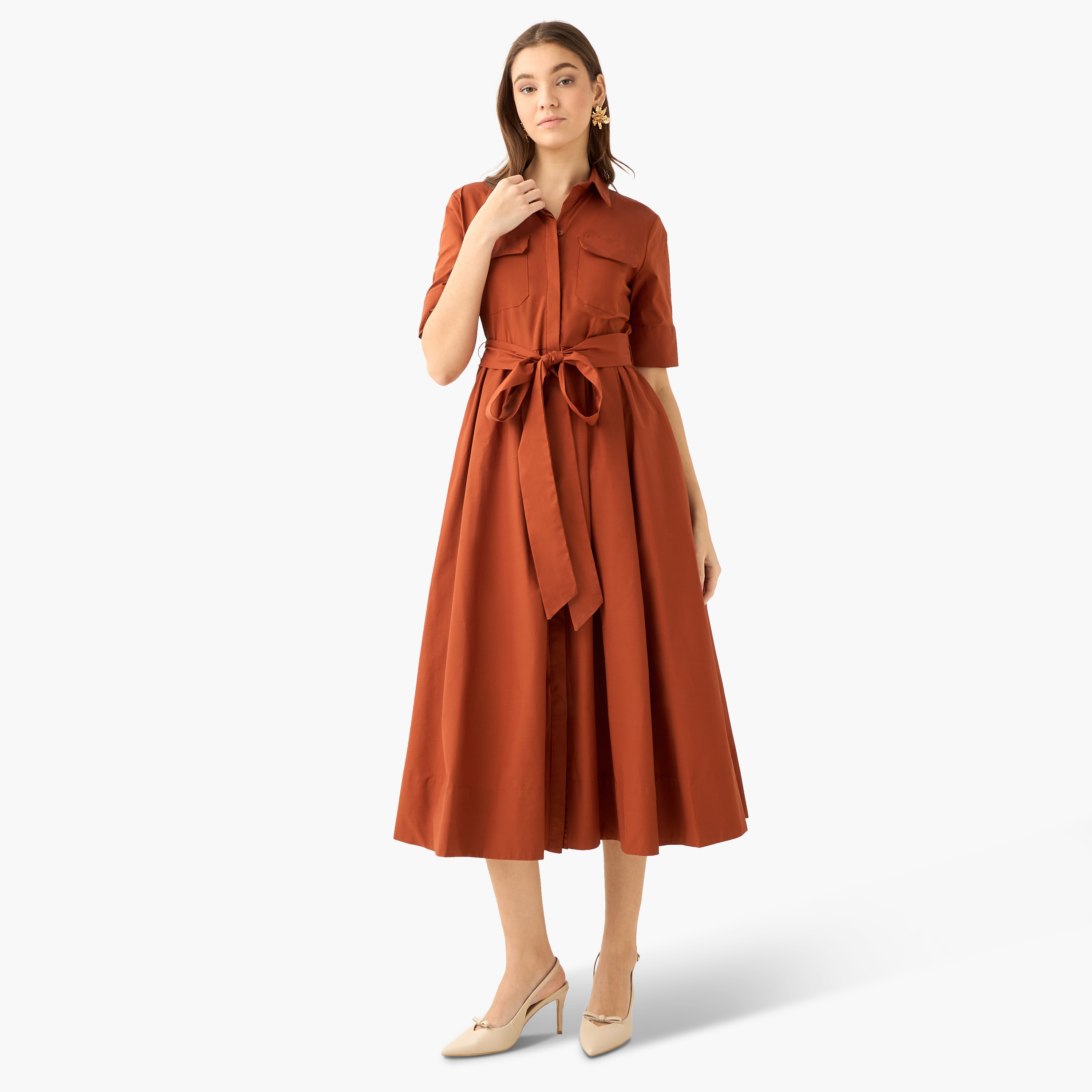 فستان قميص ميدي بحزام ربط-women-clothing-dresses-image-2