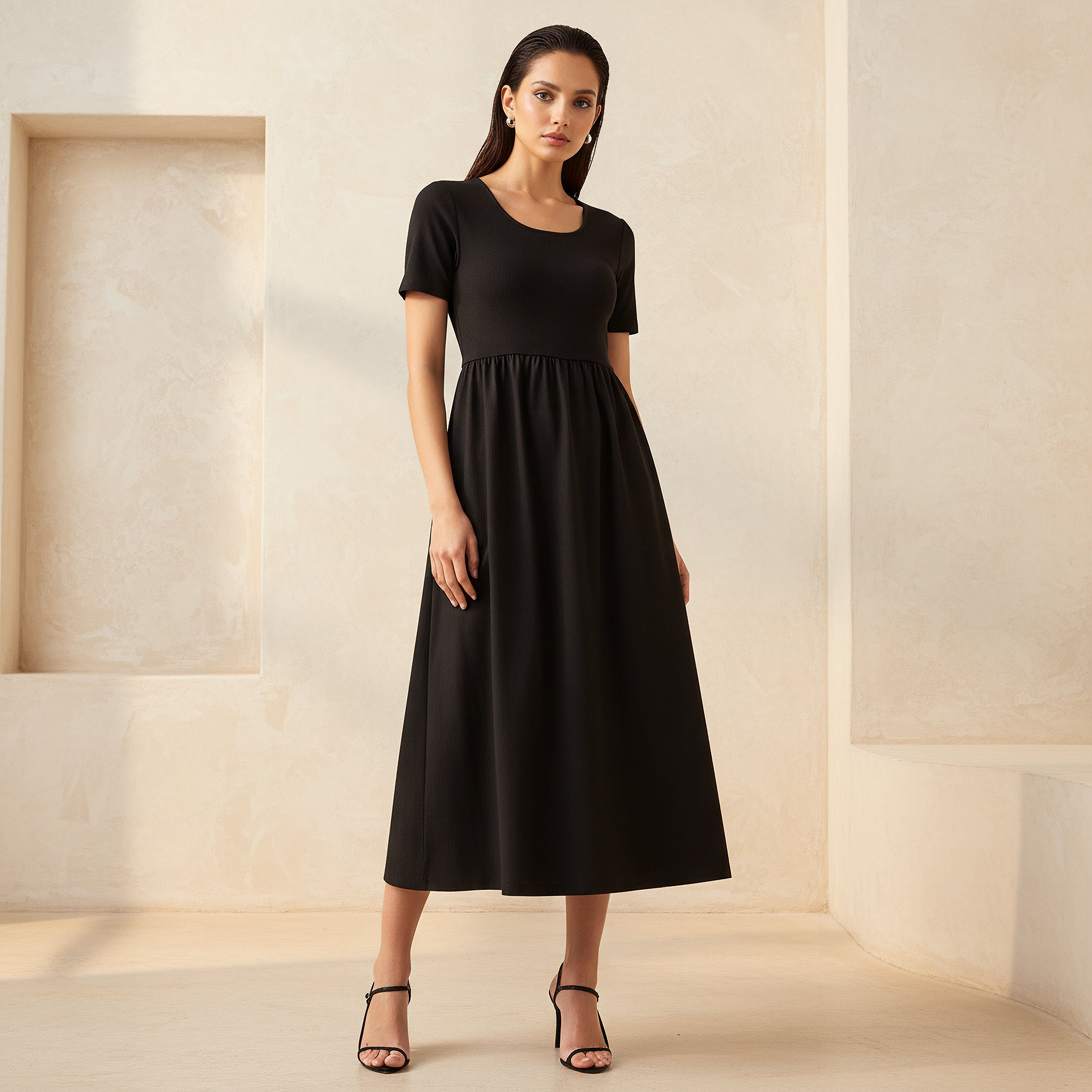 A-line Midi Dress with Ribbed Texture-women-clothing-dresses-image-1