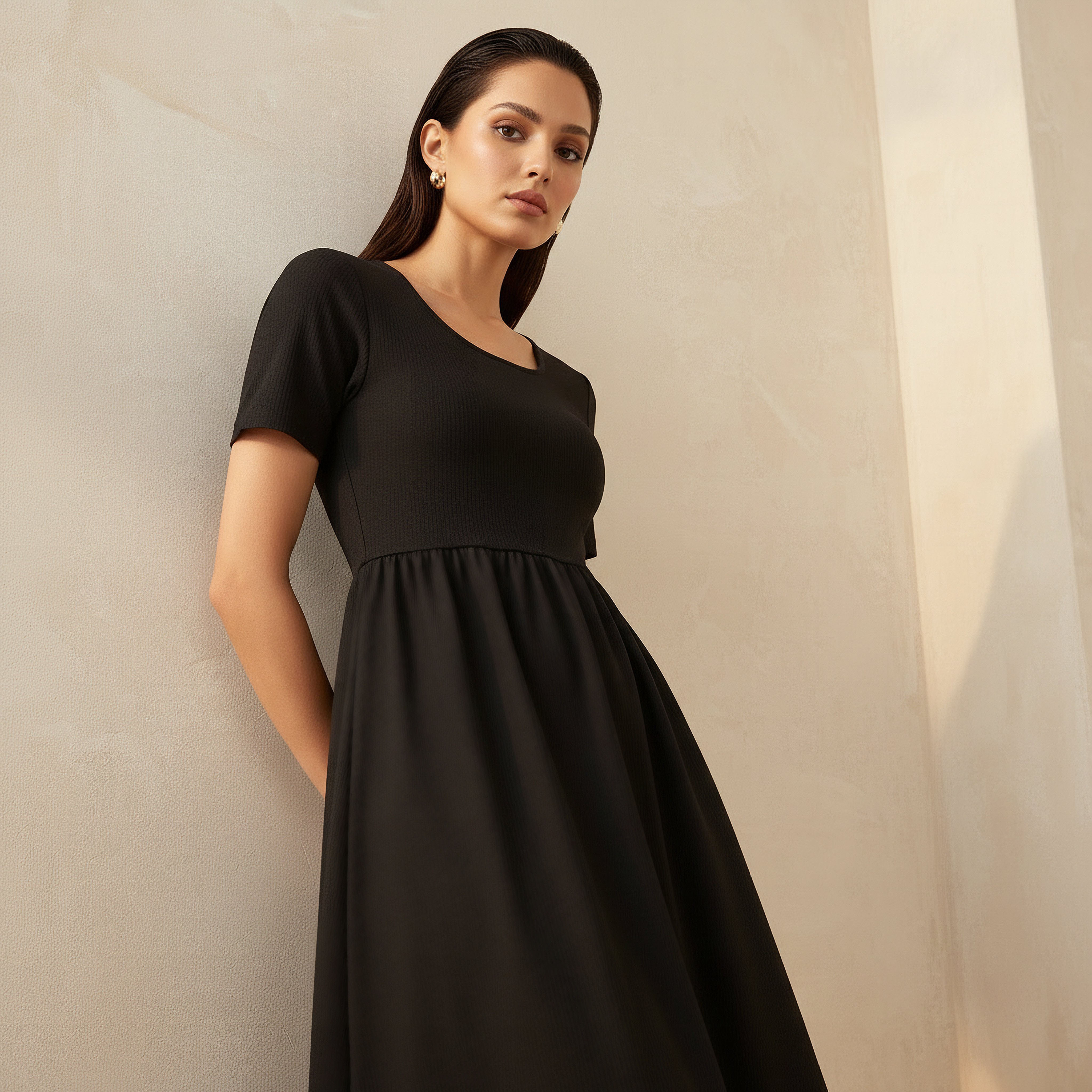 A-line Midi Dress with Ribbed Texture-women-clothing-dresses-image-2