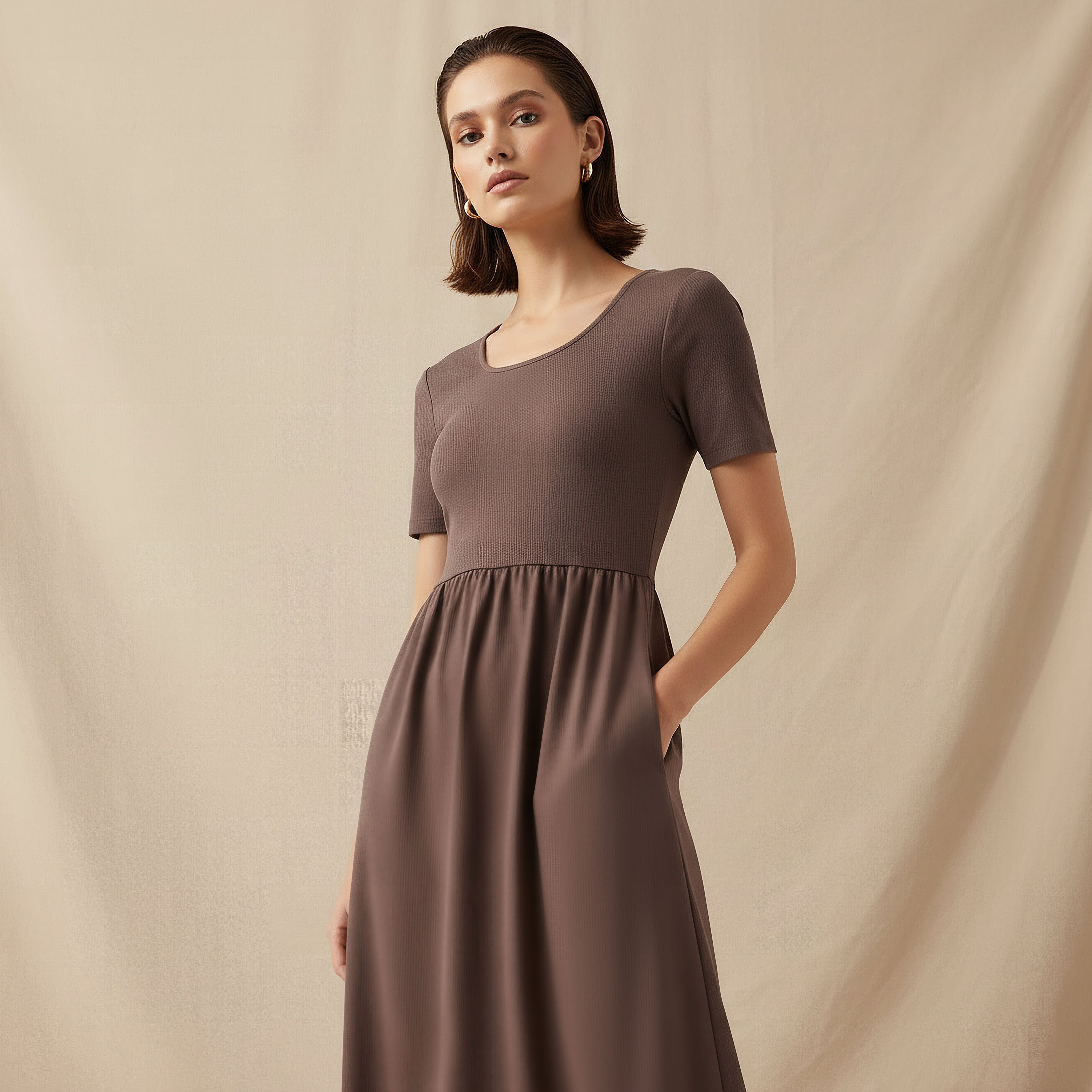 A-line Midi Dress with Ribbed Texture-women-clothing-dresses-image-2