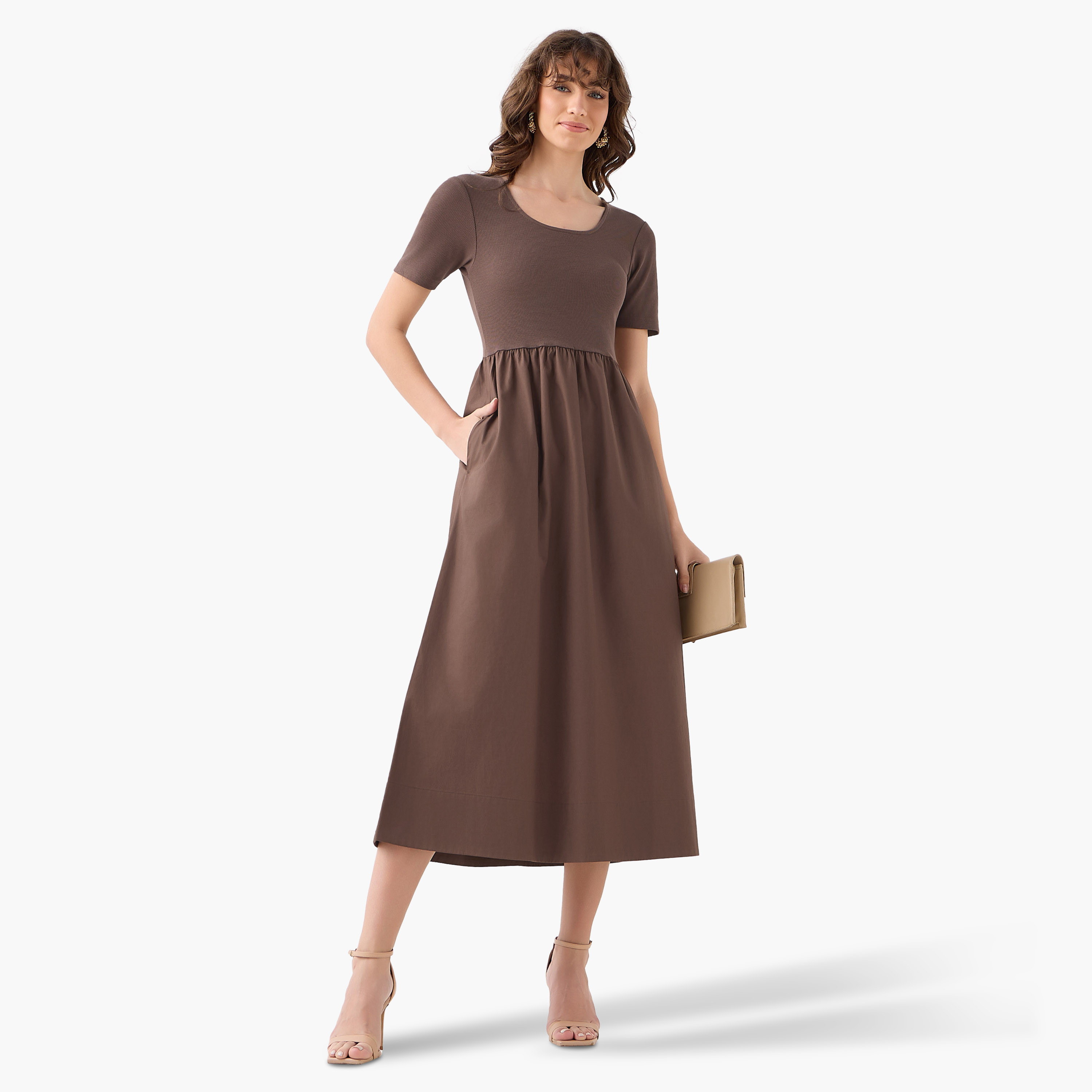 A-line Midi Dress with Ribbed Texture-women-clothing-dresses-image-4