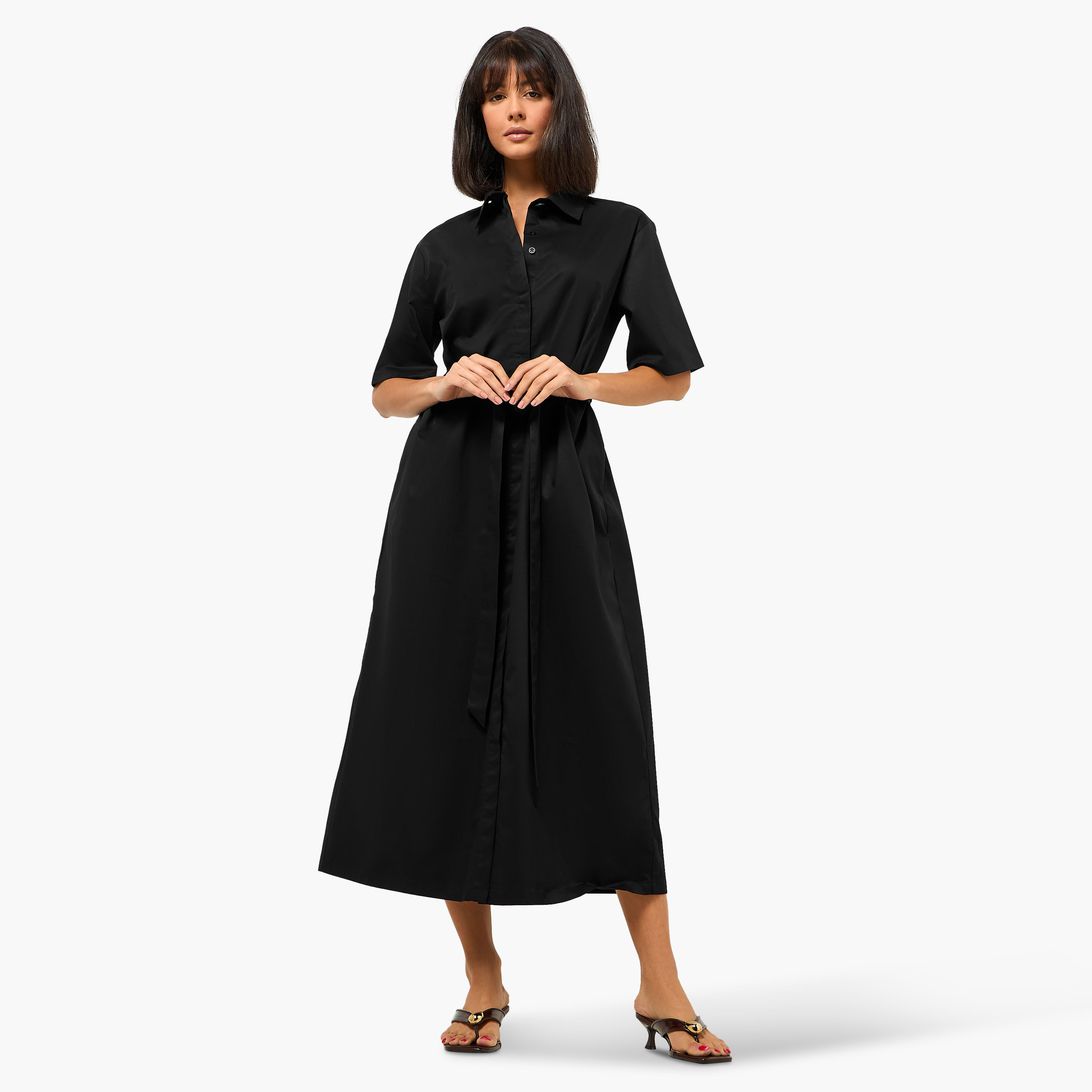 Lapel Collar Midi Cotton Shirt Dress with Tie-Up Belt-women-clothing-dresses-image-2