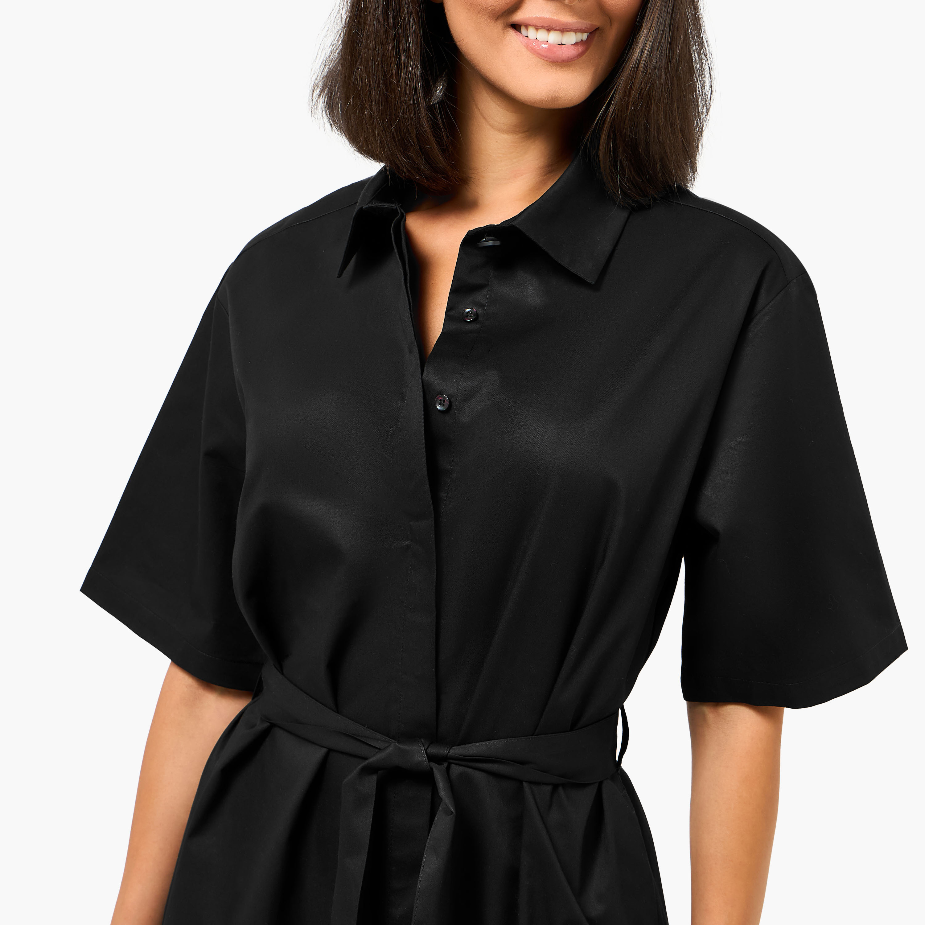 Lapel Collar Midi Cotton Shirt Dress with Tie-Up Belt-women-clothing-dresses-image-3