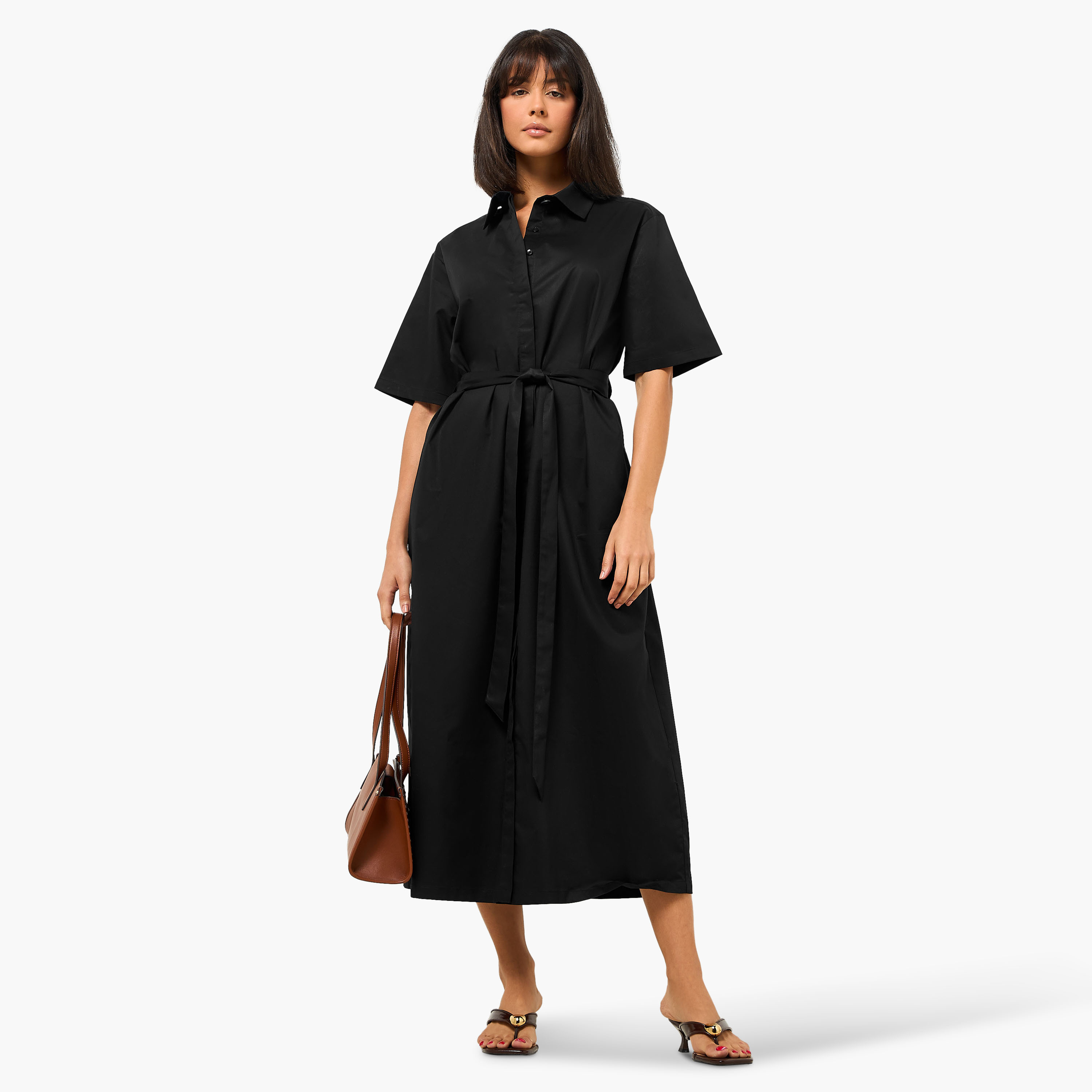 Lapel Collar Midi Cotton Shirt Dress with Tie-Up Belt-women-clothing-dresses-image-4