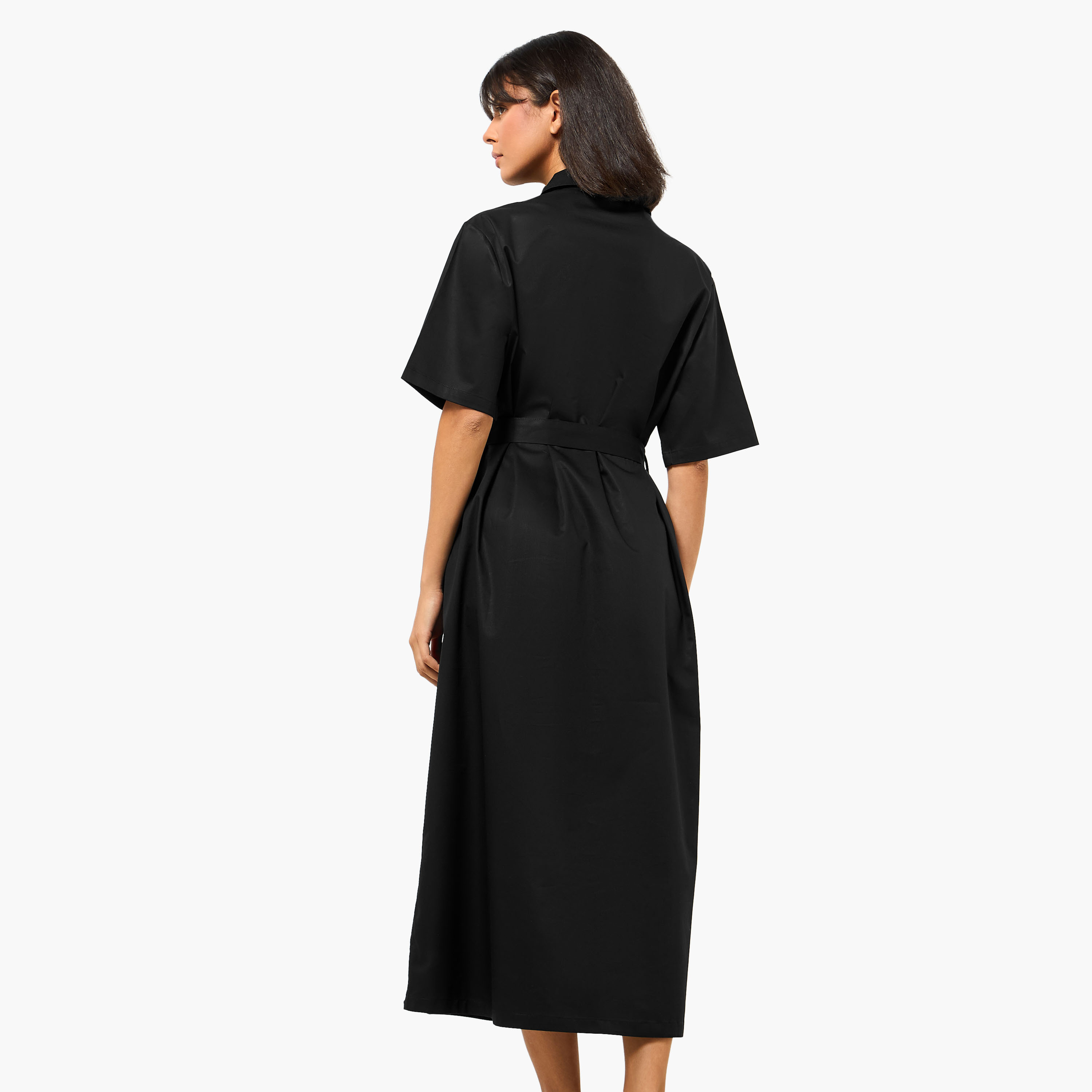 Lapel Collar Midi Cotton Shirt Dress with Tie-Up Belt-women-clothing-dresses-image-6