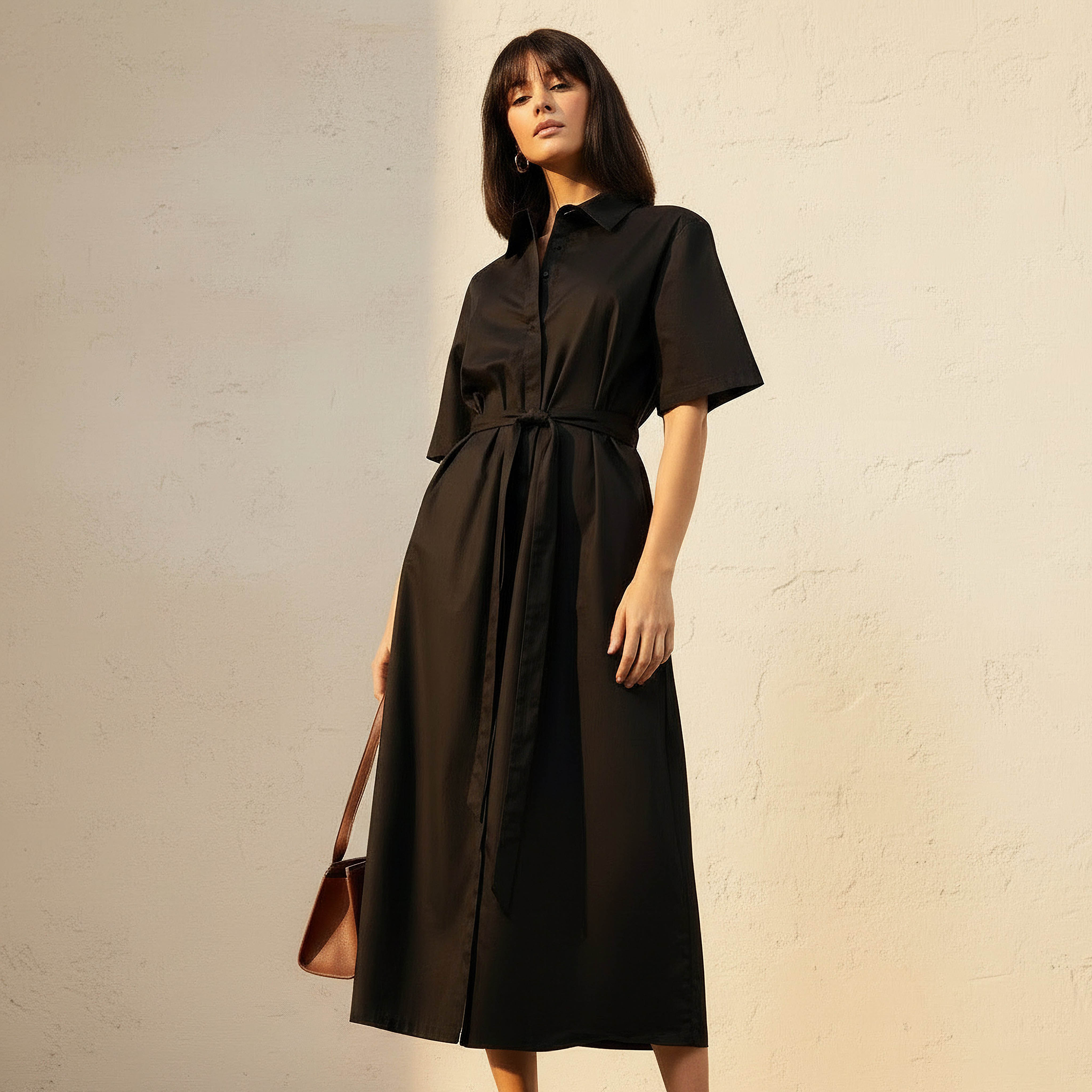 Lapel Collar Midi Cotton Shirt Dress with Tie-Up Belt-women-clothing-dresses-image-1
