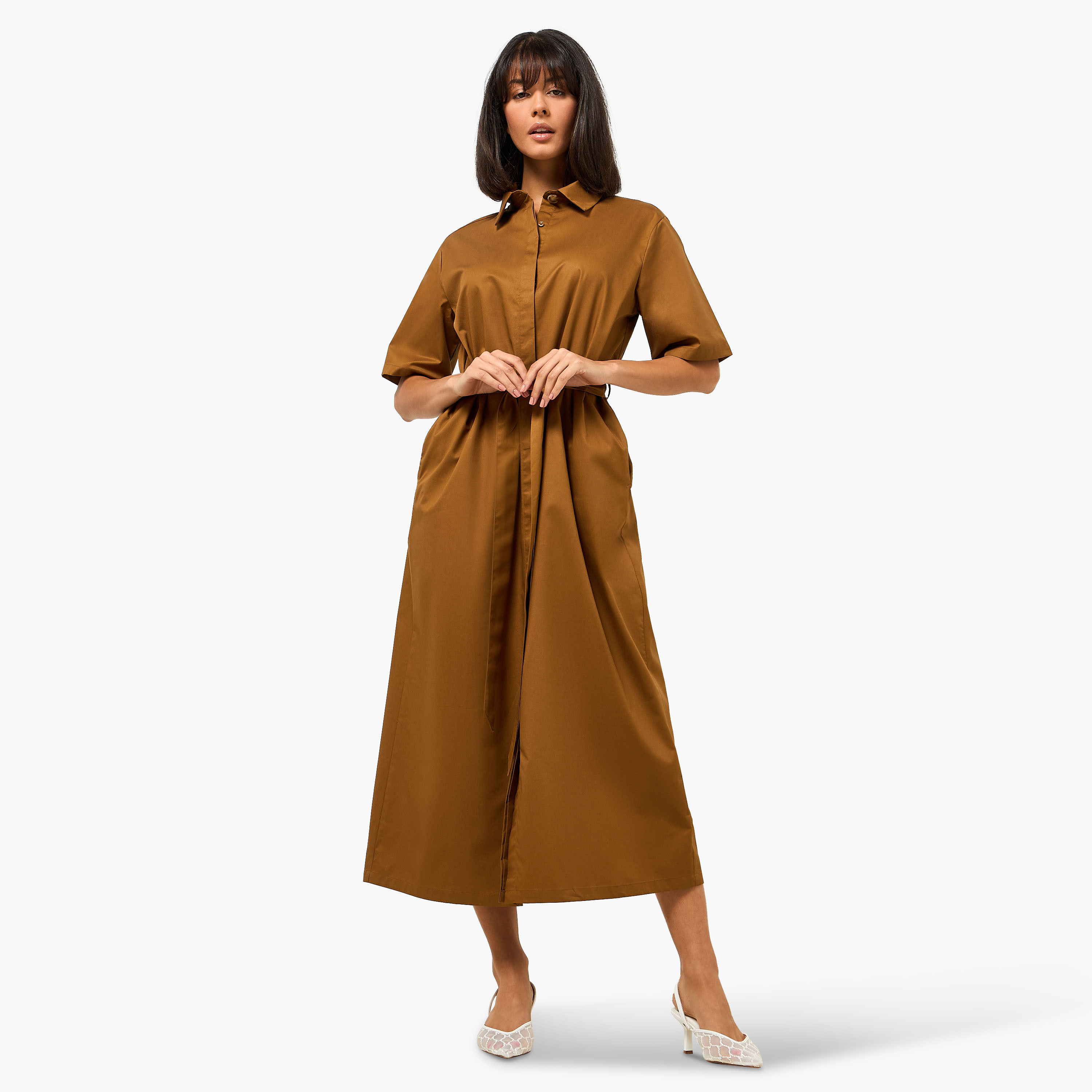 Lapel Collar Midi Cotton Shirt Dress with Tie-Up Belt-women-clothing-dresses-image-2