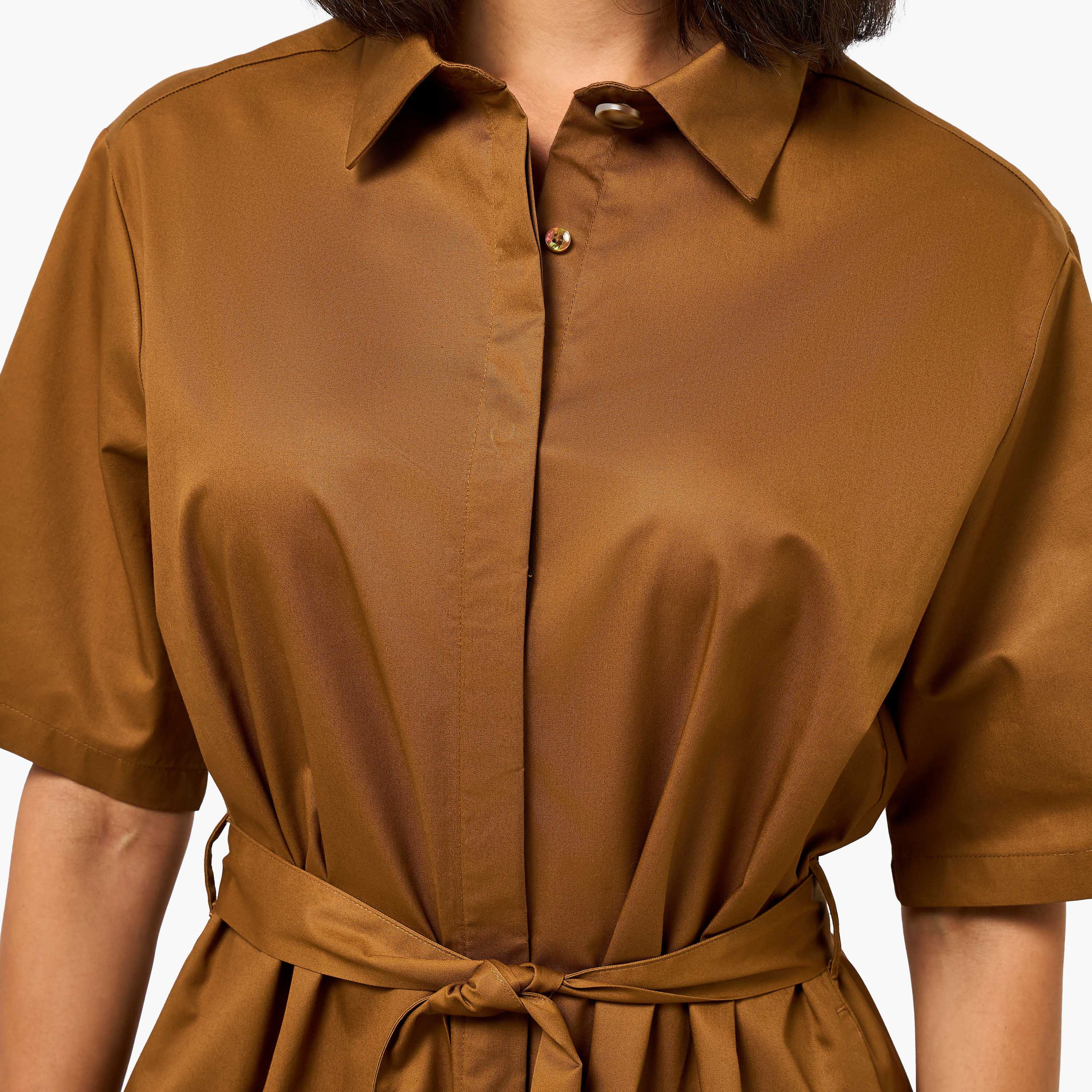 Lapel Collar Midi Cotton Shirt Dress with Tie-Up Belt-women-clothing-dresses-image-3