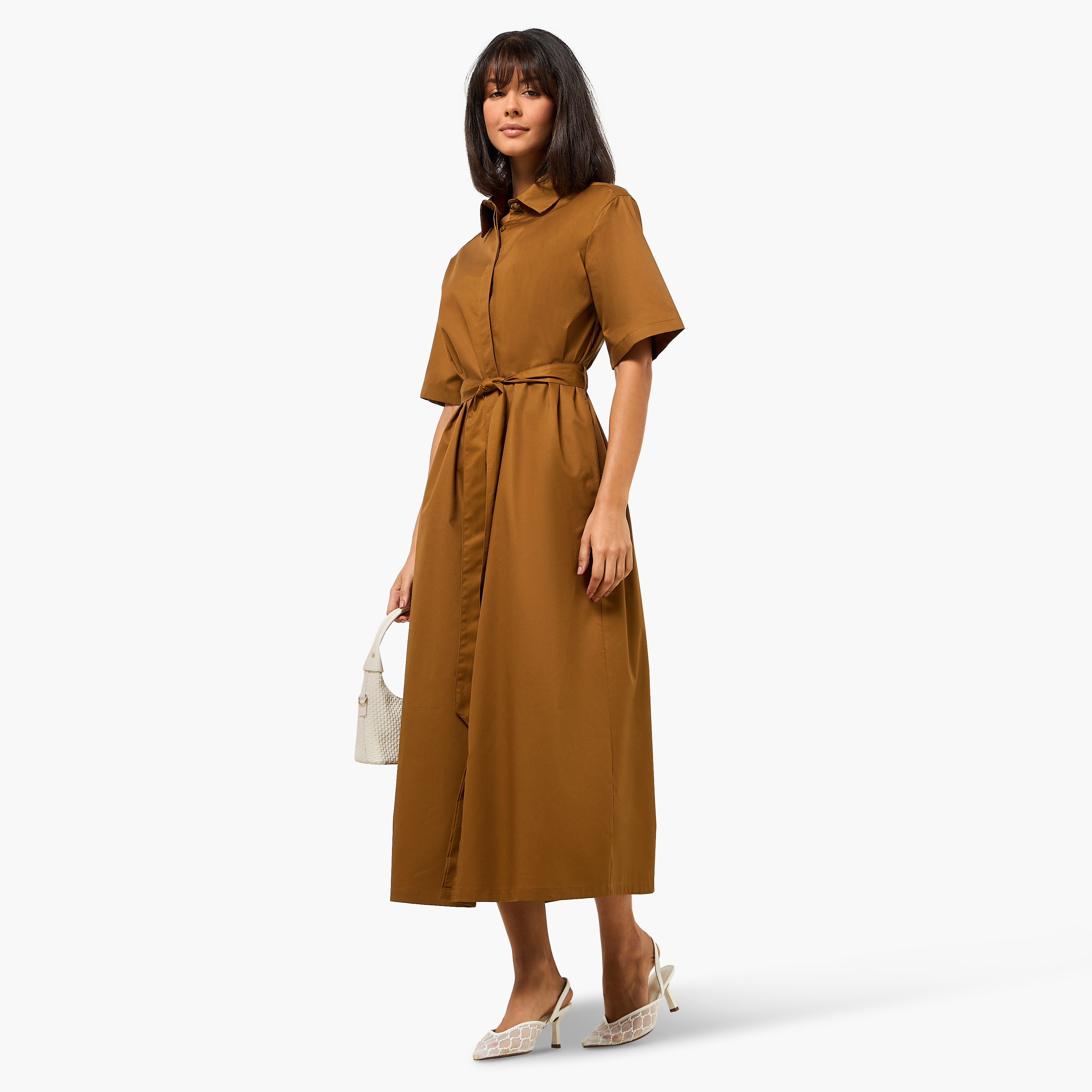 Lapel Collar Midi Cotton Shirt Dress with Tie-Up Belt-women-clothing-dresses-image-4