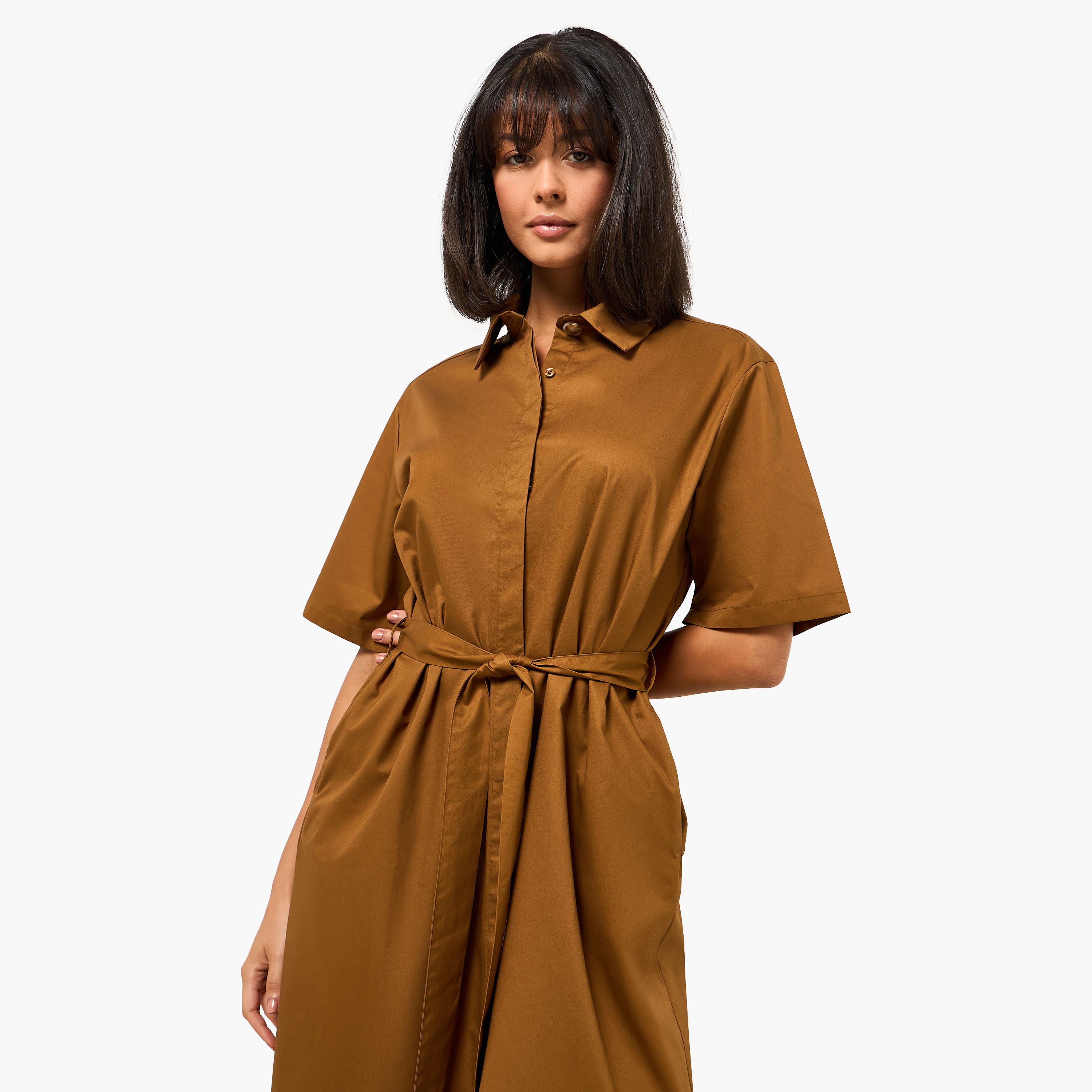Lapel Collar Midi Cotton Shirt Dress with Tie-Up Belt-women-clothing-dresses-image-6