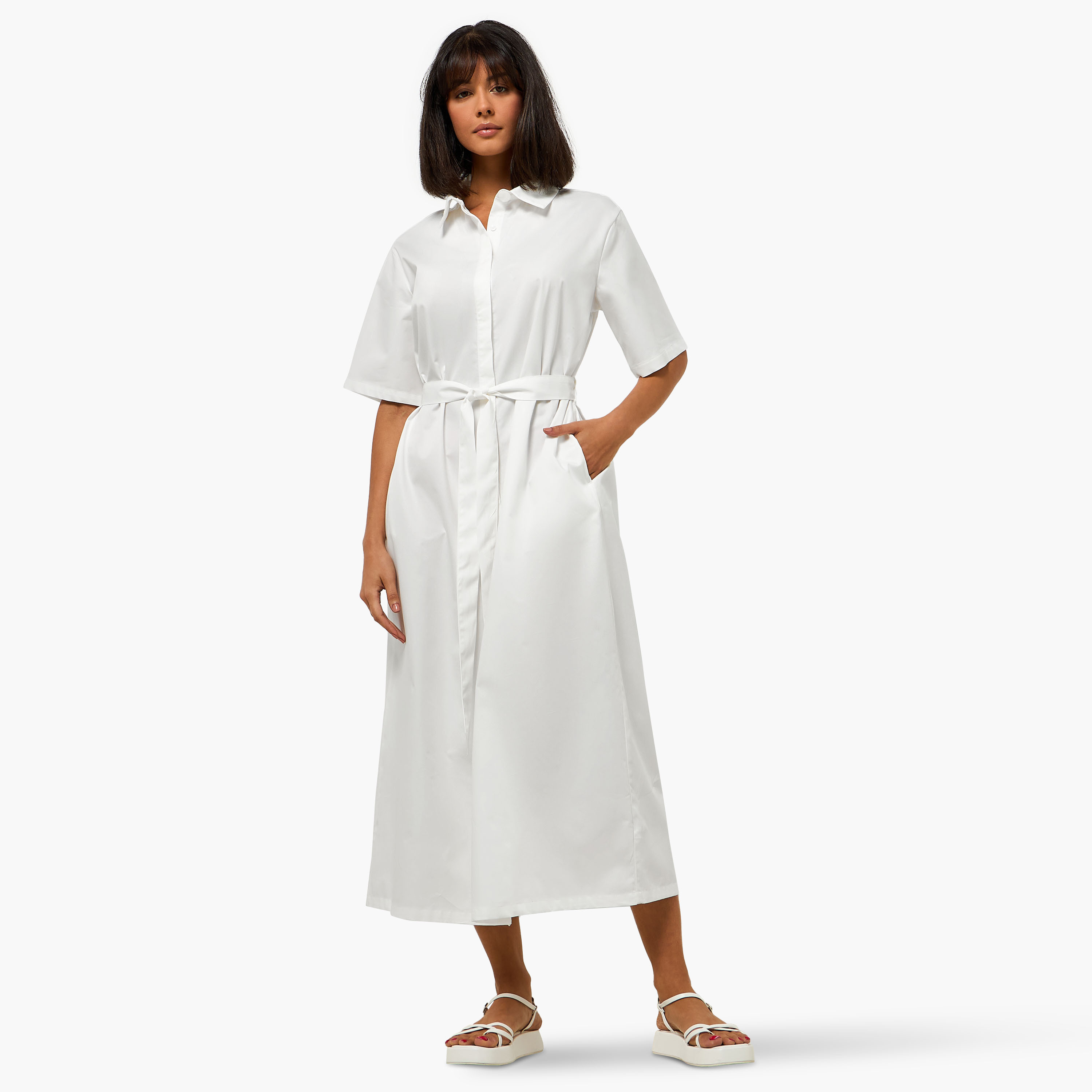 Lapel Collar Midi Cotton Shirt Dress with Tie-Up Belt-women-clothing-dresses-image-2