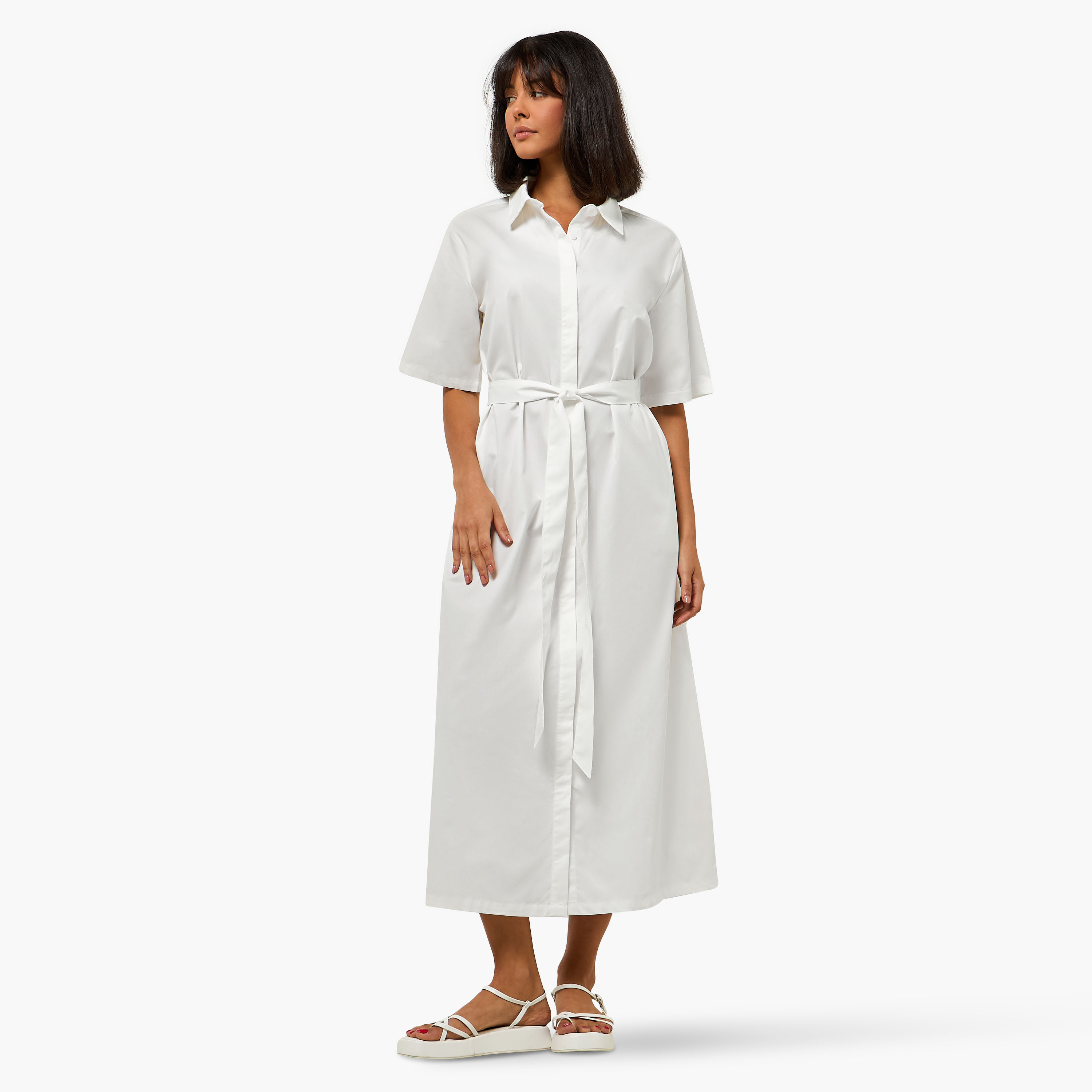 Lapel Collar Midi Cotton Shirt Dress with Tie-Up Belt-women-clothing-dresses-image-4