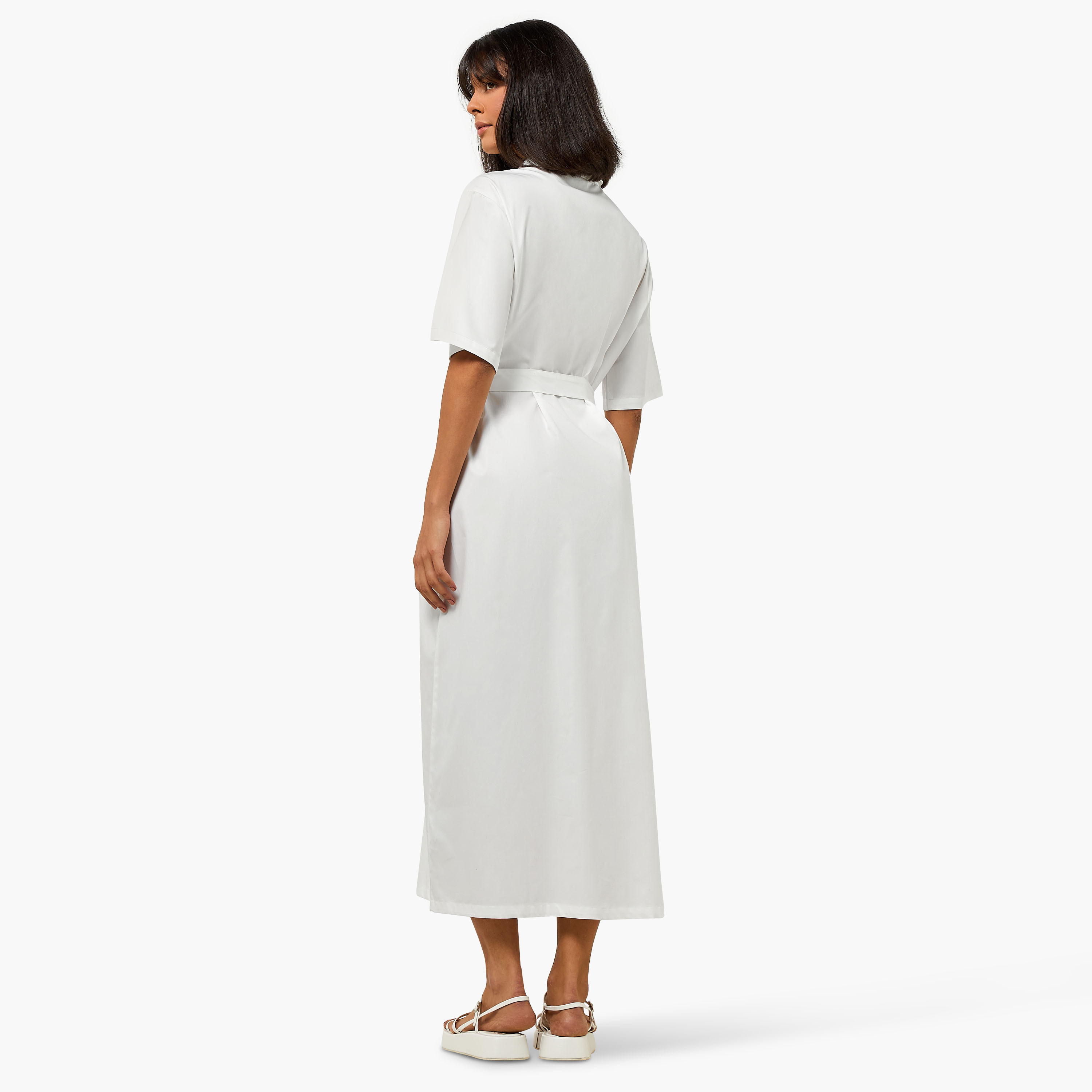 Lapel Collar Midi Cotton Shirt Dress with Tie-Up Belt-women-clothing-dresses-image-5