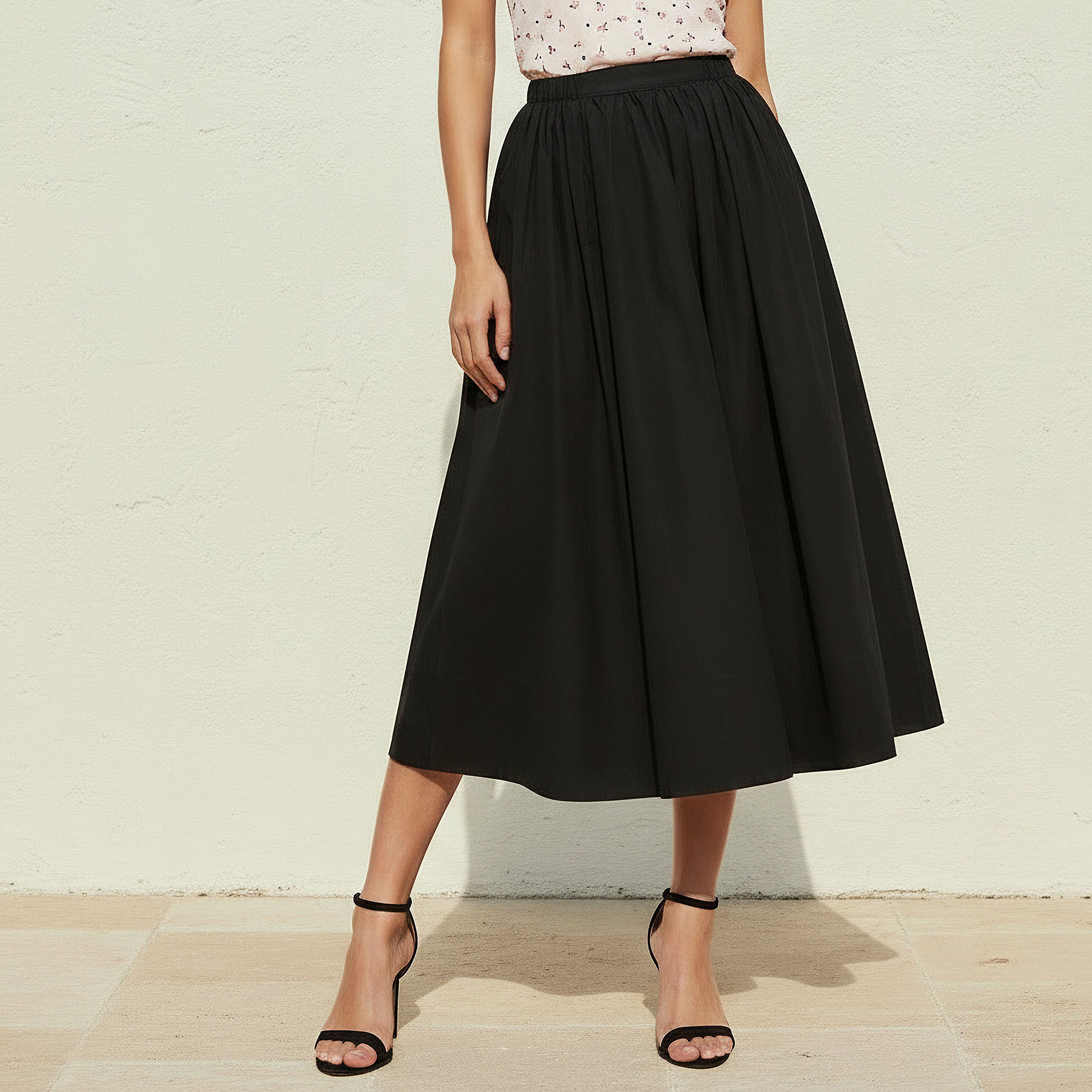 Midi Cotton A-line Skirt with Semi-Elasticated Waist-women-clothing-bottoms-skirts-image-1
