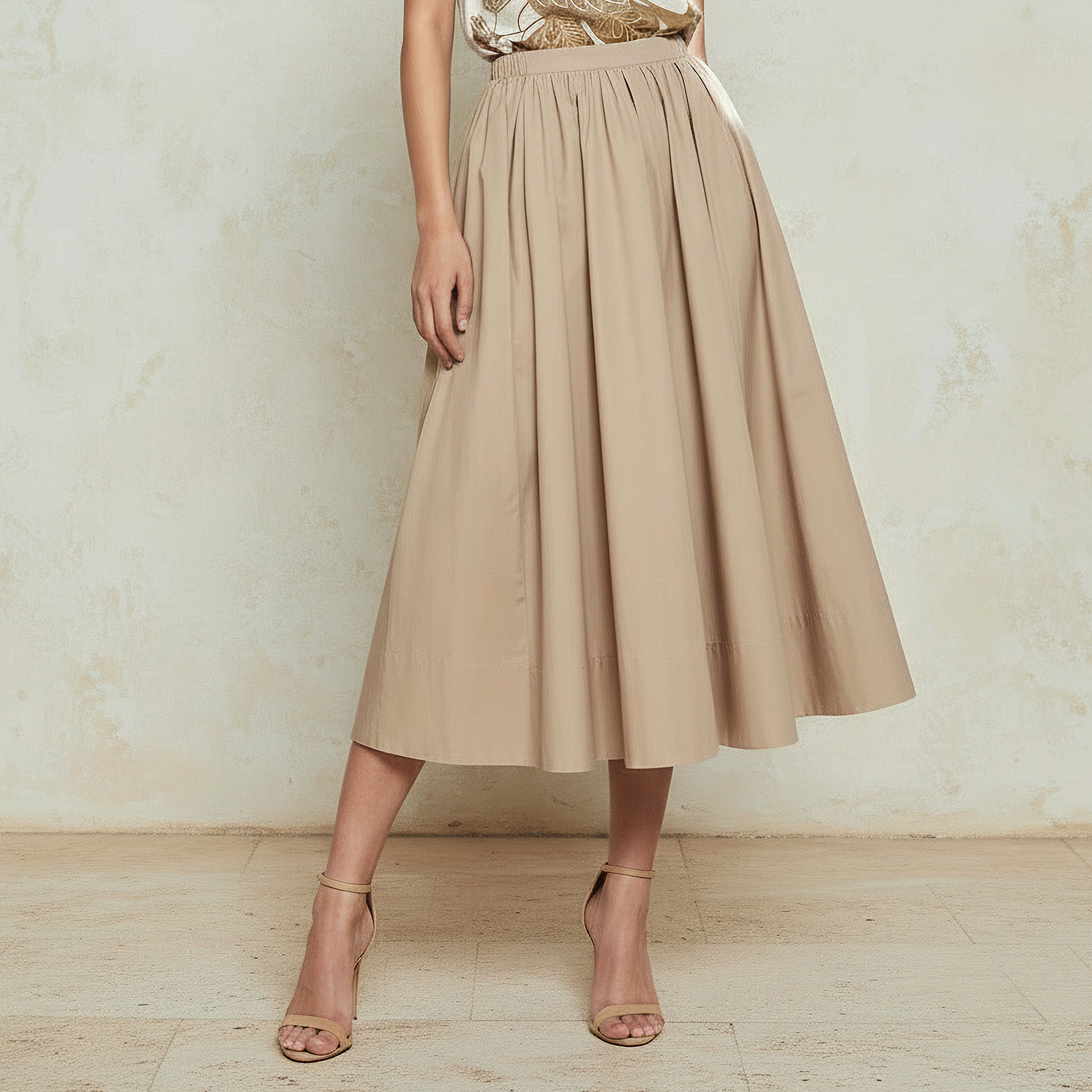 Midi Cotton A-line Skirt with Semi-Elasticated Waist-women-clothing-bottoms-skirts-image-1