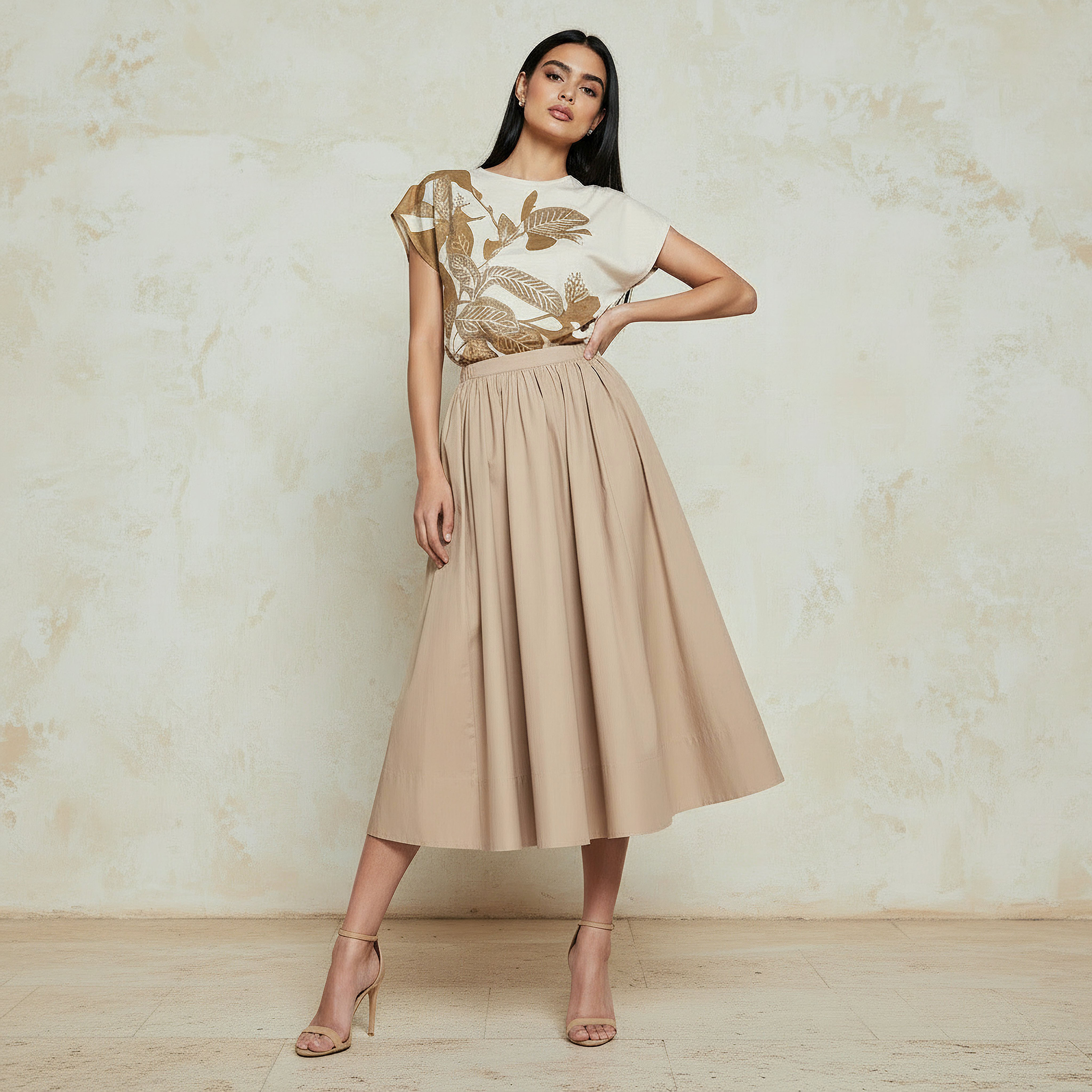 Midi Cotton A-line Skirt with Semi-Elasticated Waist-women-clothing-bottoms-skirts-image-3